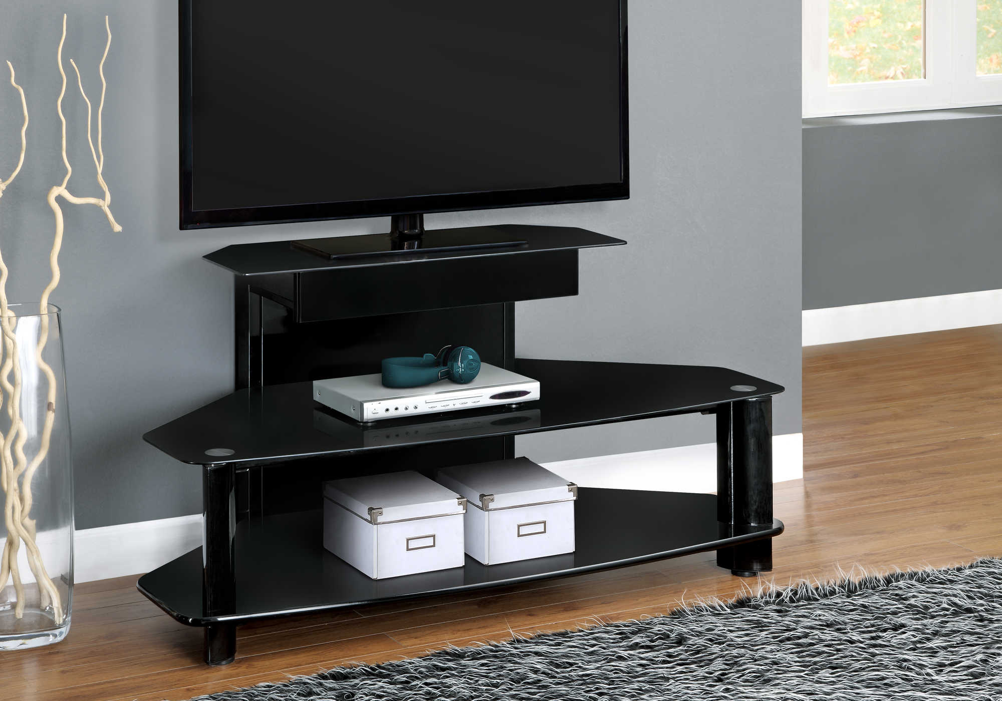 tv stand - 48"l / glossy black wood / metal / tempered i2000
