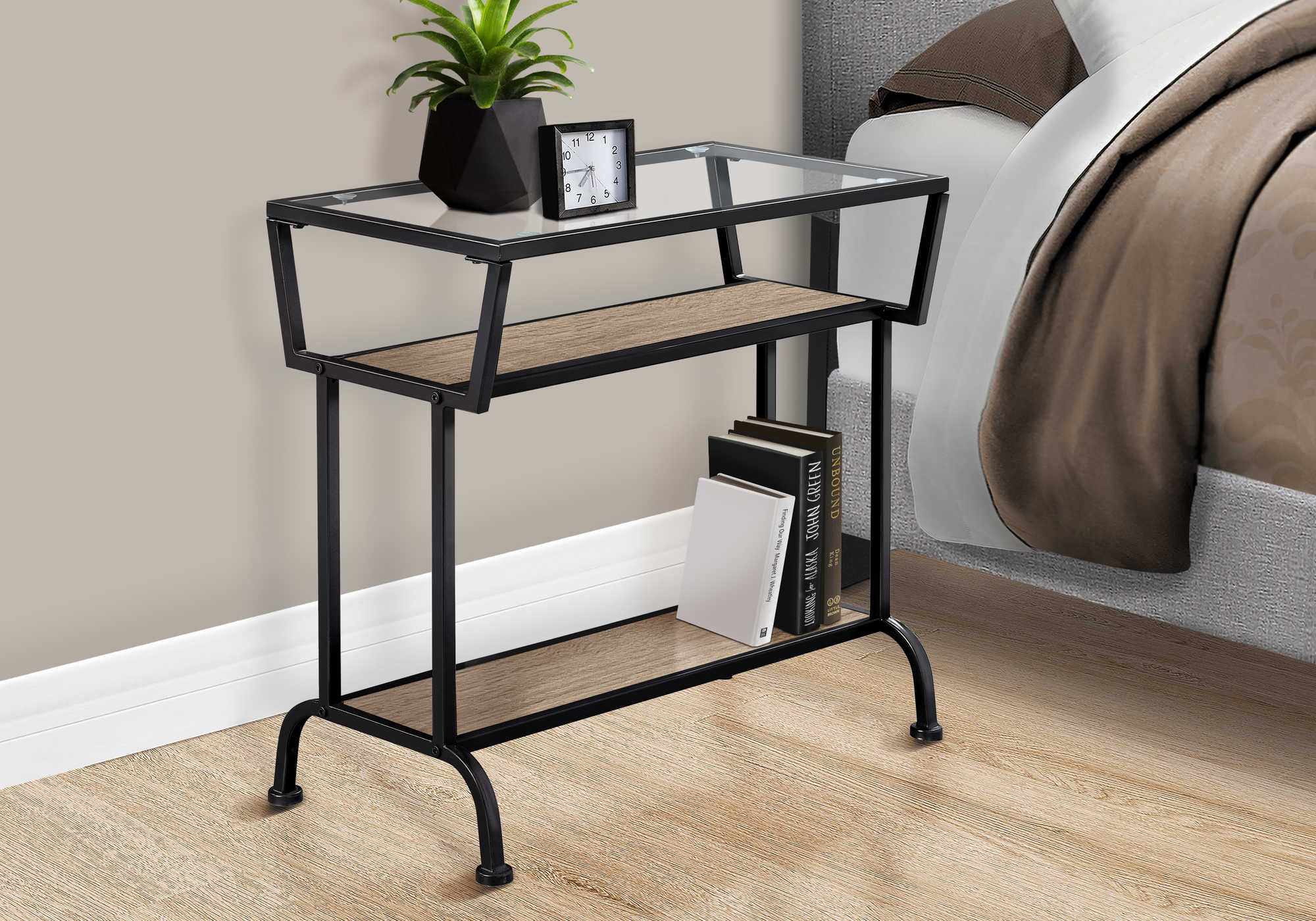 nightstand - 22"h / dark taupe / black / tempered glass i2067