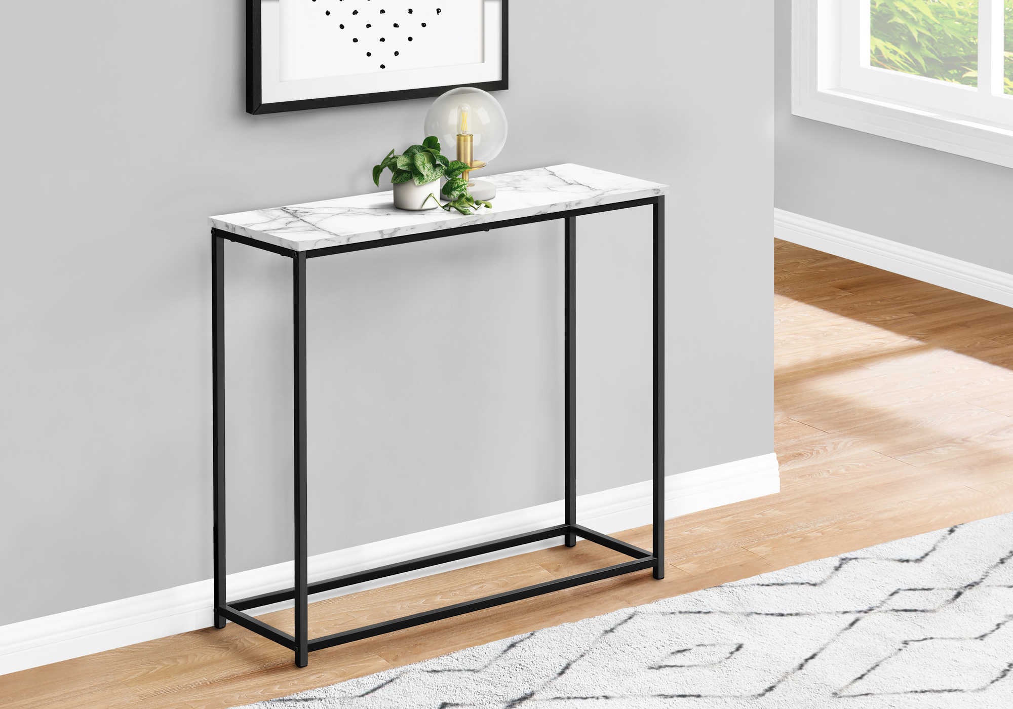 accent table - 32"l / white marble / black metal console i2255