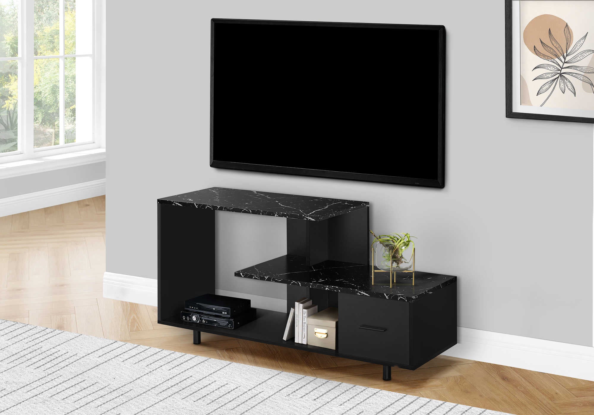 tv stand - 48"l / black / black marble top / 1 drawer i2610