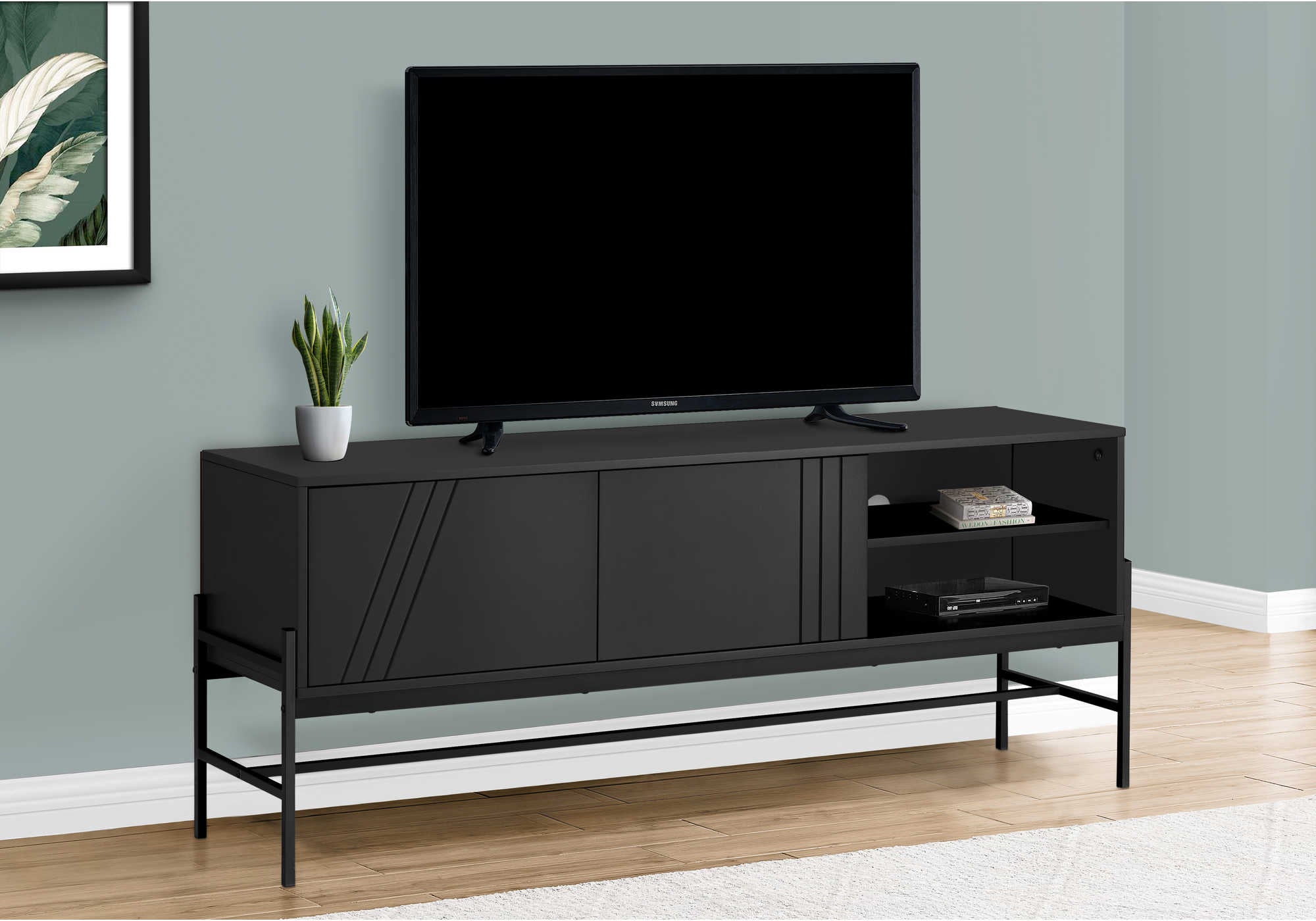 tv stand - 60"l / black / black metal with storage i2734