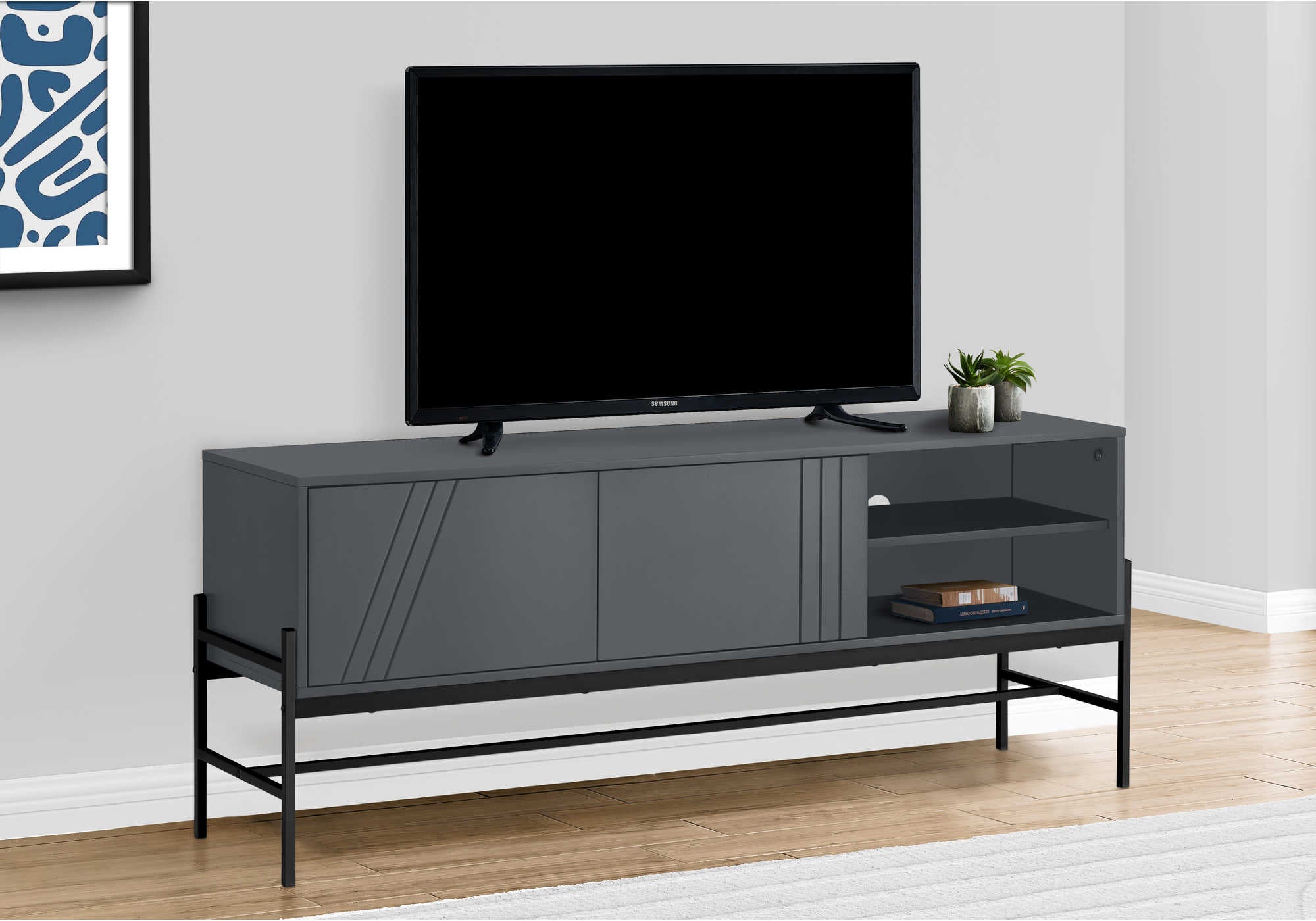 tv stand - 60"l / grey / black metal with storage i2739