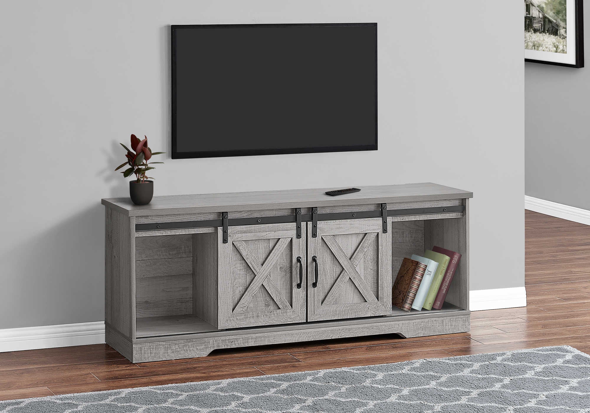 tv stand - 60"l / grey with 2 sliding doors i2747