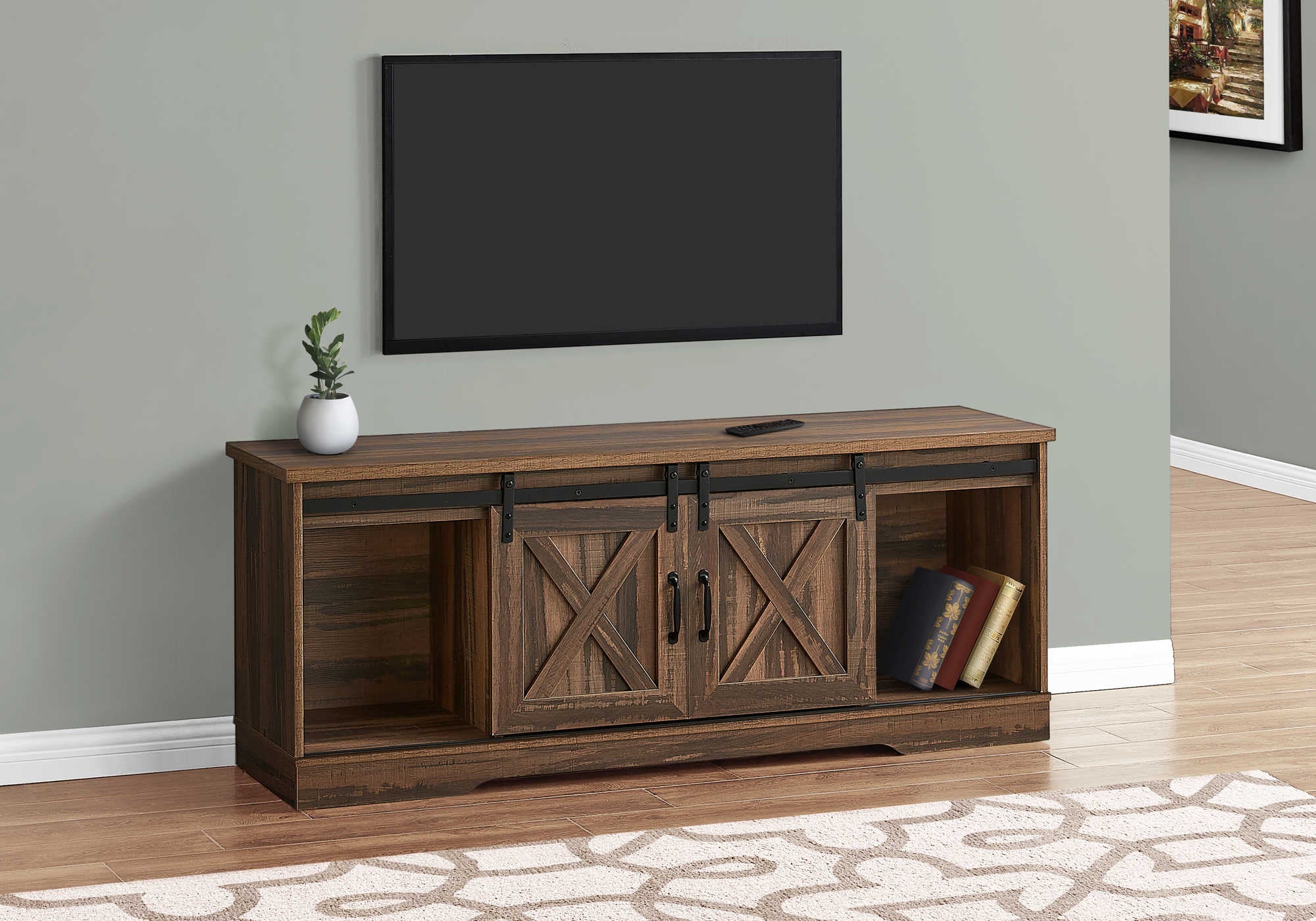 tv stand - 60"l / brown reclaimed-look / 2 sliding doors i2748