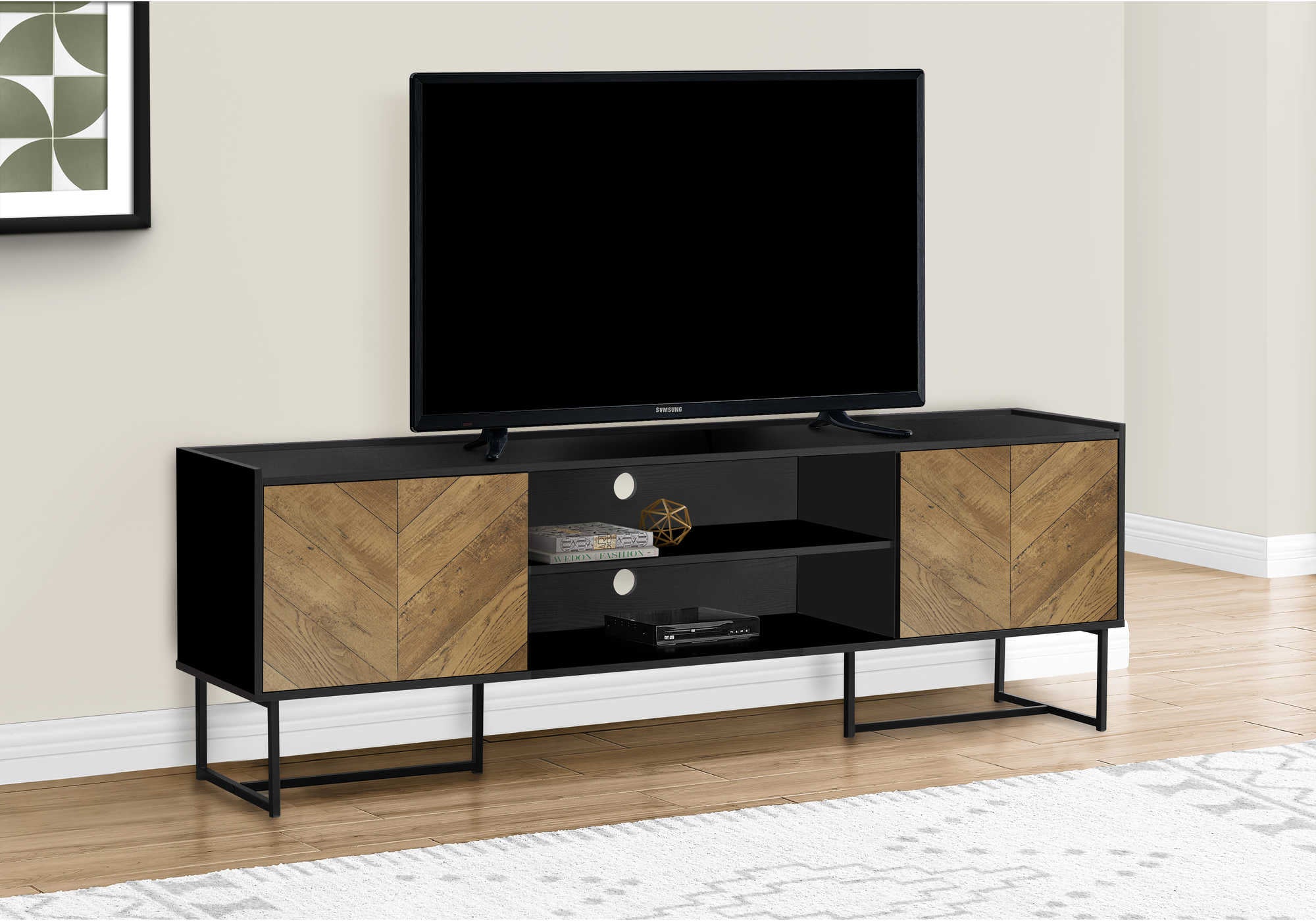 tv stand - 72"l / black  / metal with 2 wood-look doors  i2752