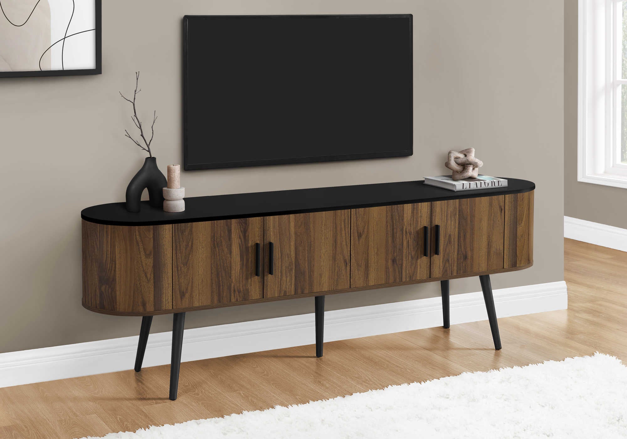 tv stand - 72"l / black with 4 brown wood-look doors i2798