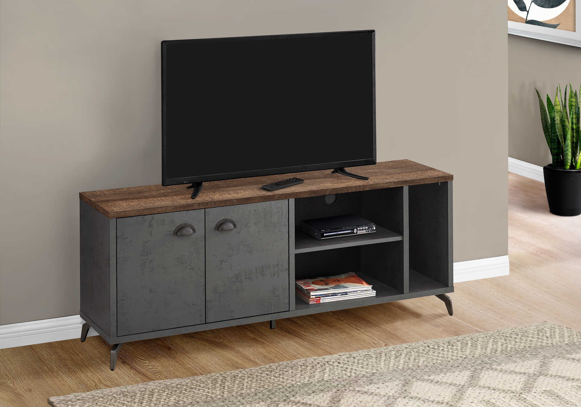 tv stand - 60"l / grey concrete / medium brown reclaimed i2831