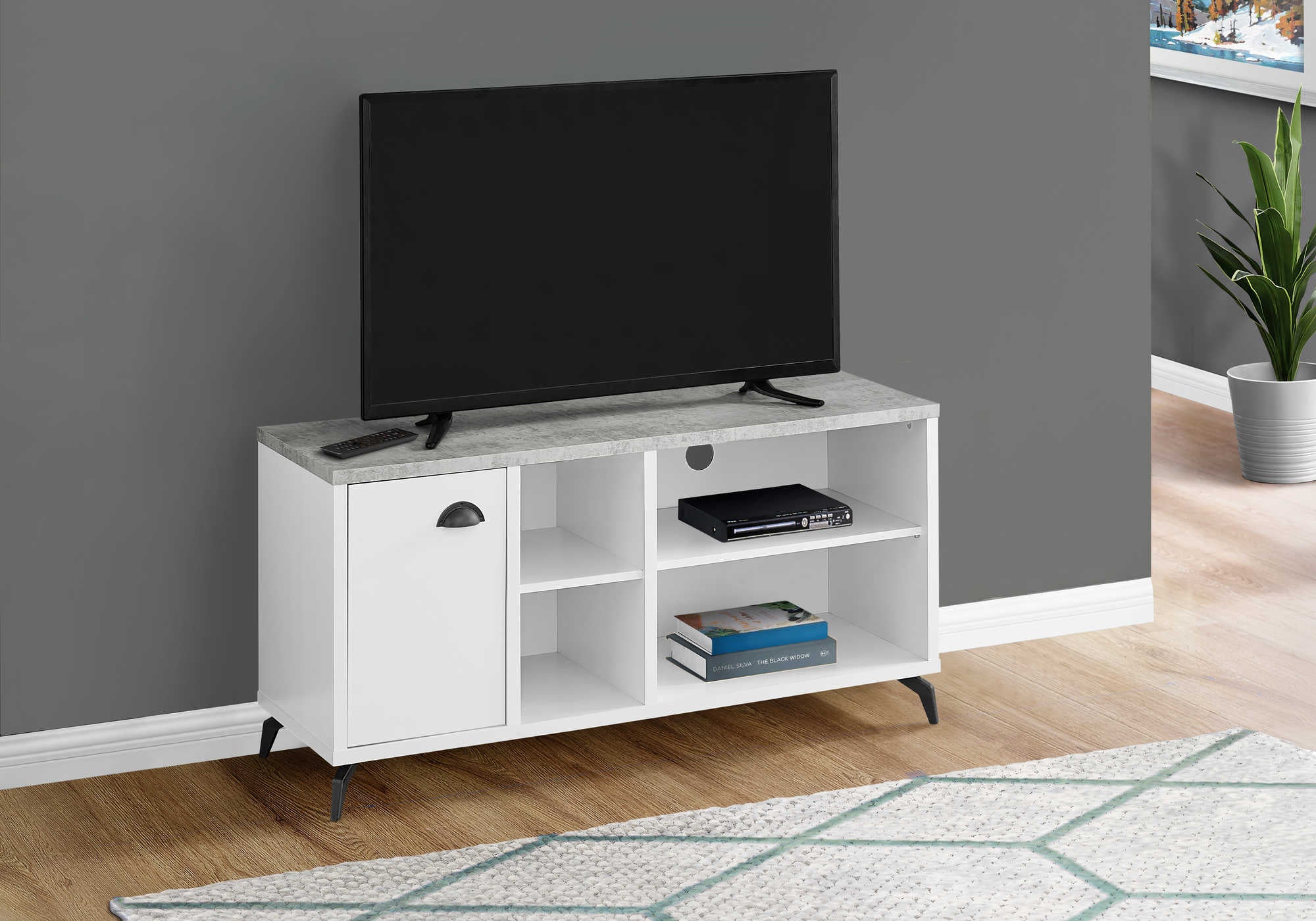 tv stand - 48"l / white / grey cement-look top i2840