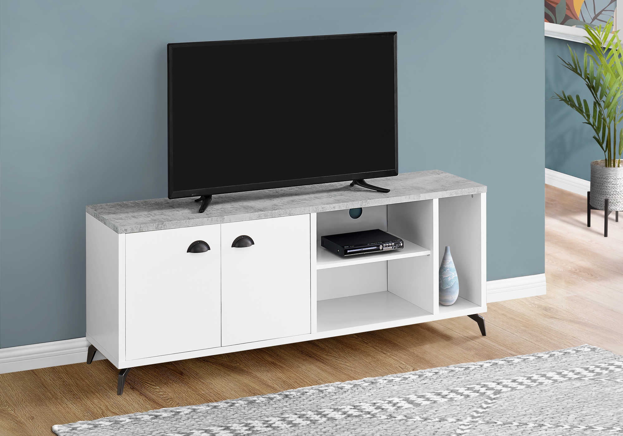 tv stand - 60"l / white / grey cement-look top i2841