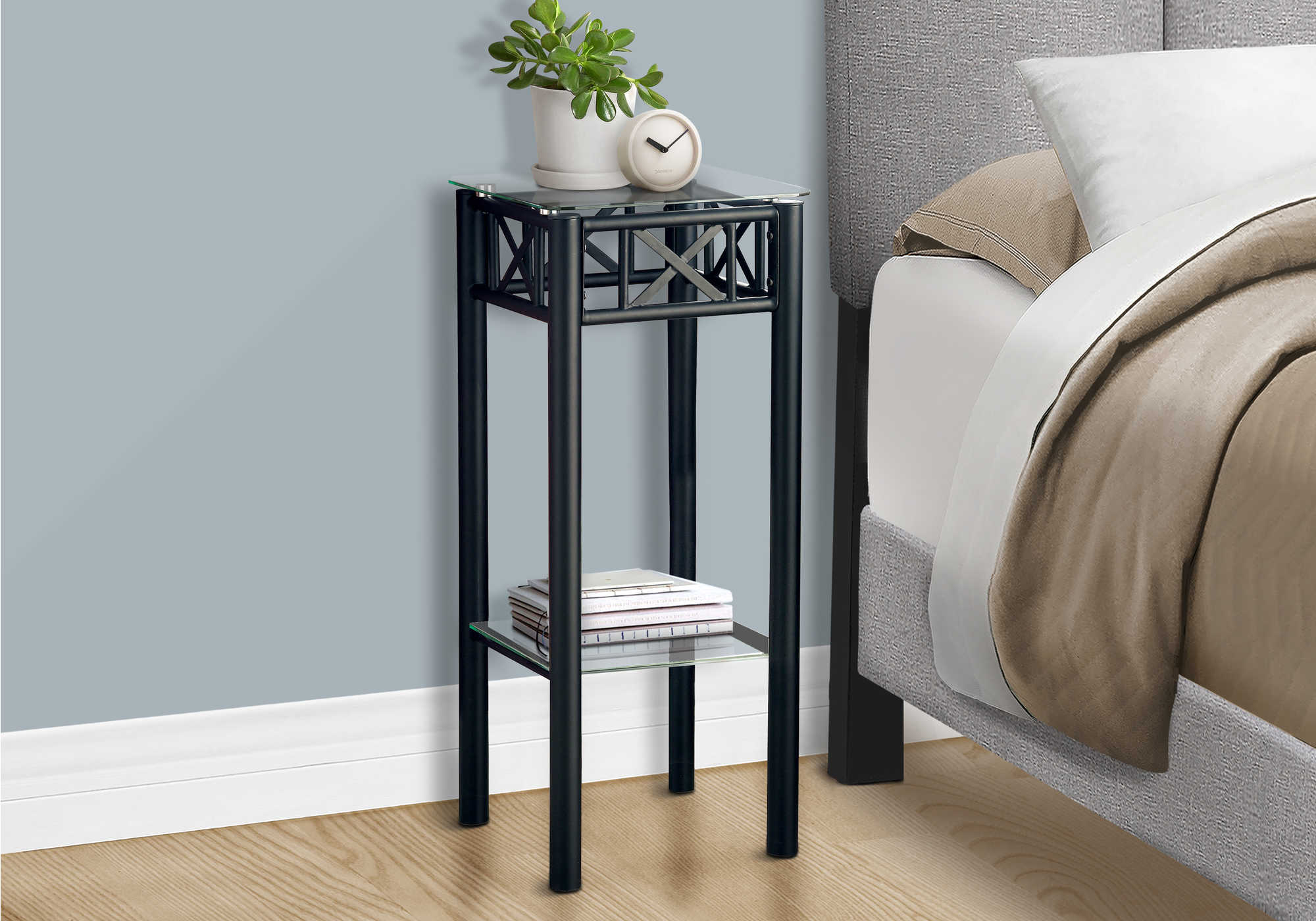 nightstand - black metal with tempered glass i3078