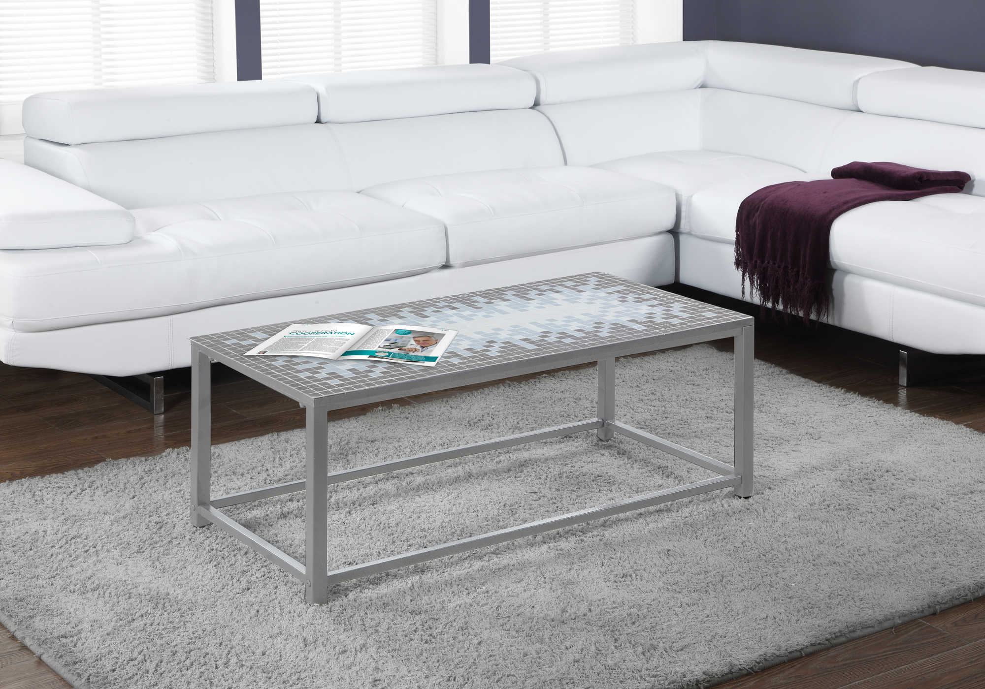 coffee table - grey / blue tile top / hammered silver