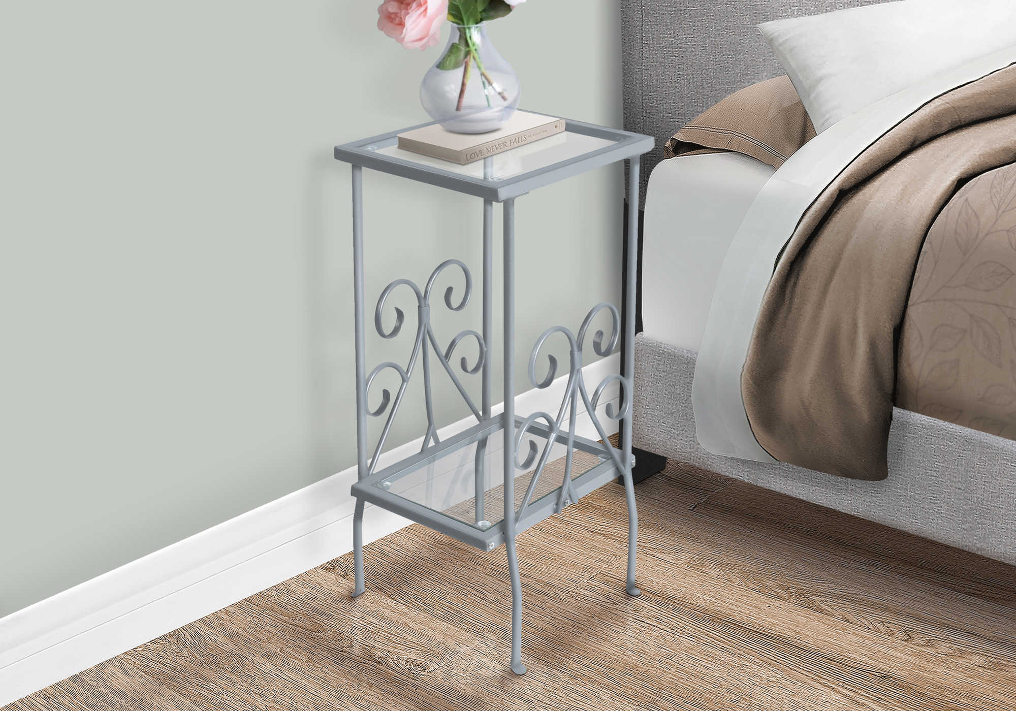 nightstand - 30"h / silver metal with tempered glass i3158