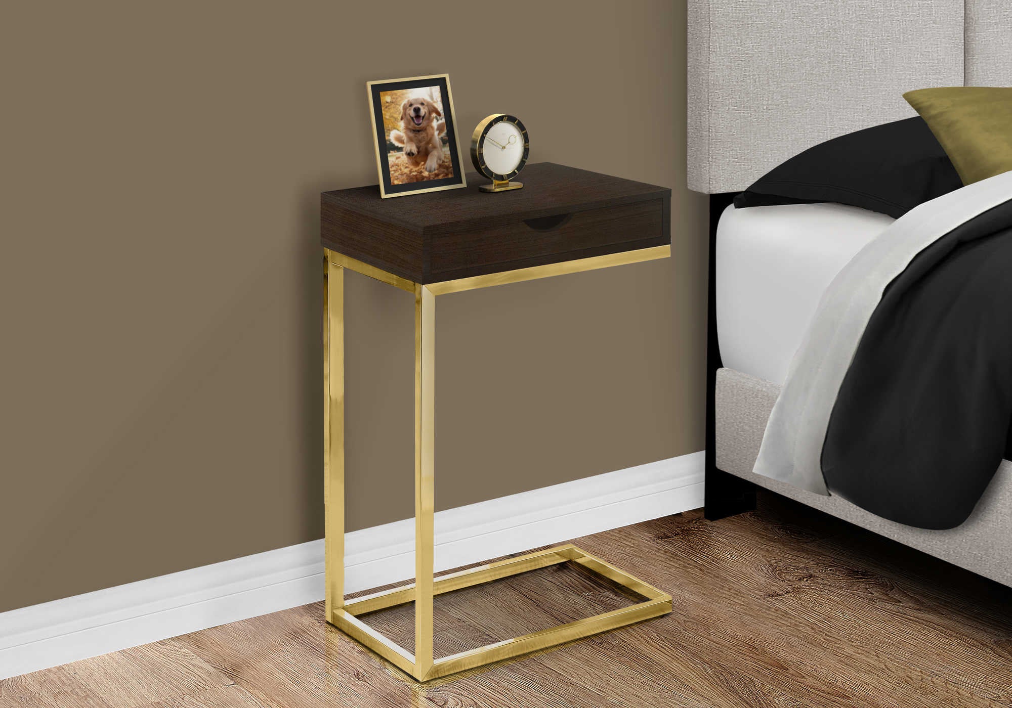 nightstand - espresso / gold metal with a drawer i3236