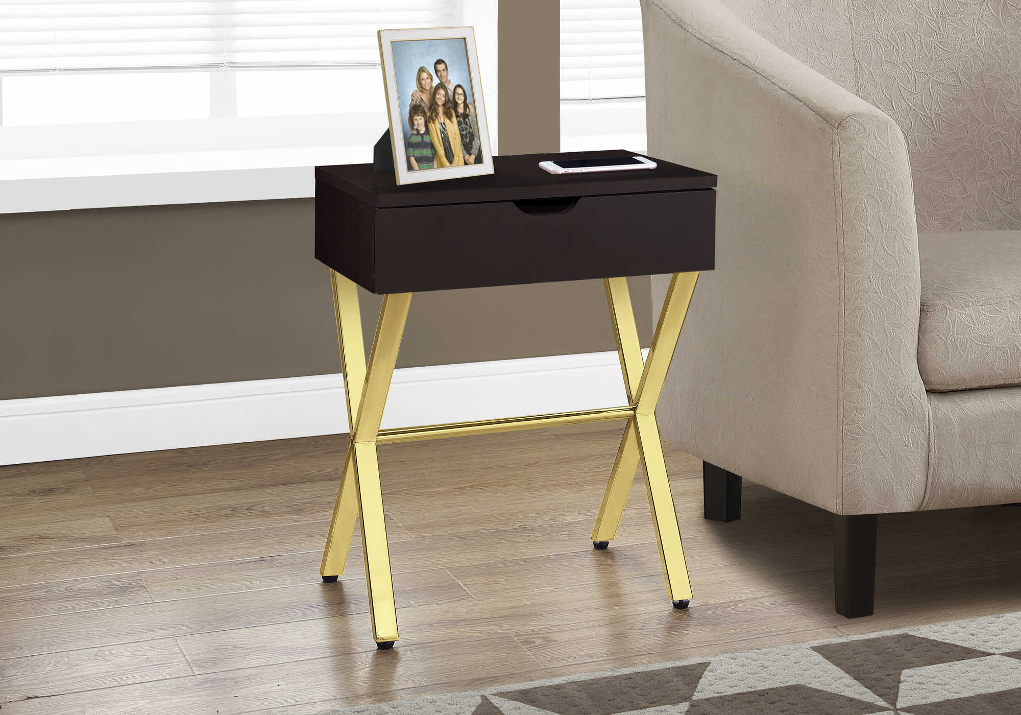 accent table - 24"h / espresso / gold metal i3261