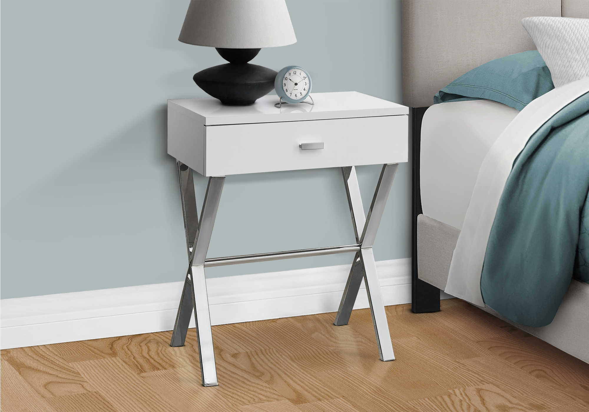 nightstand - 24"h / glossy white / chrome metal i3262