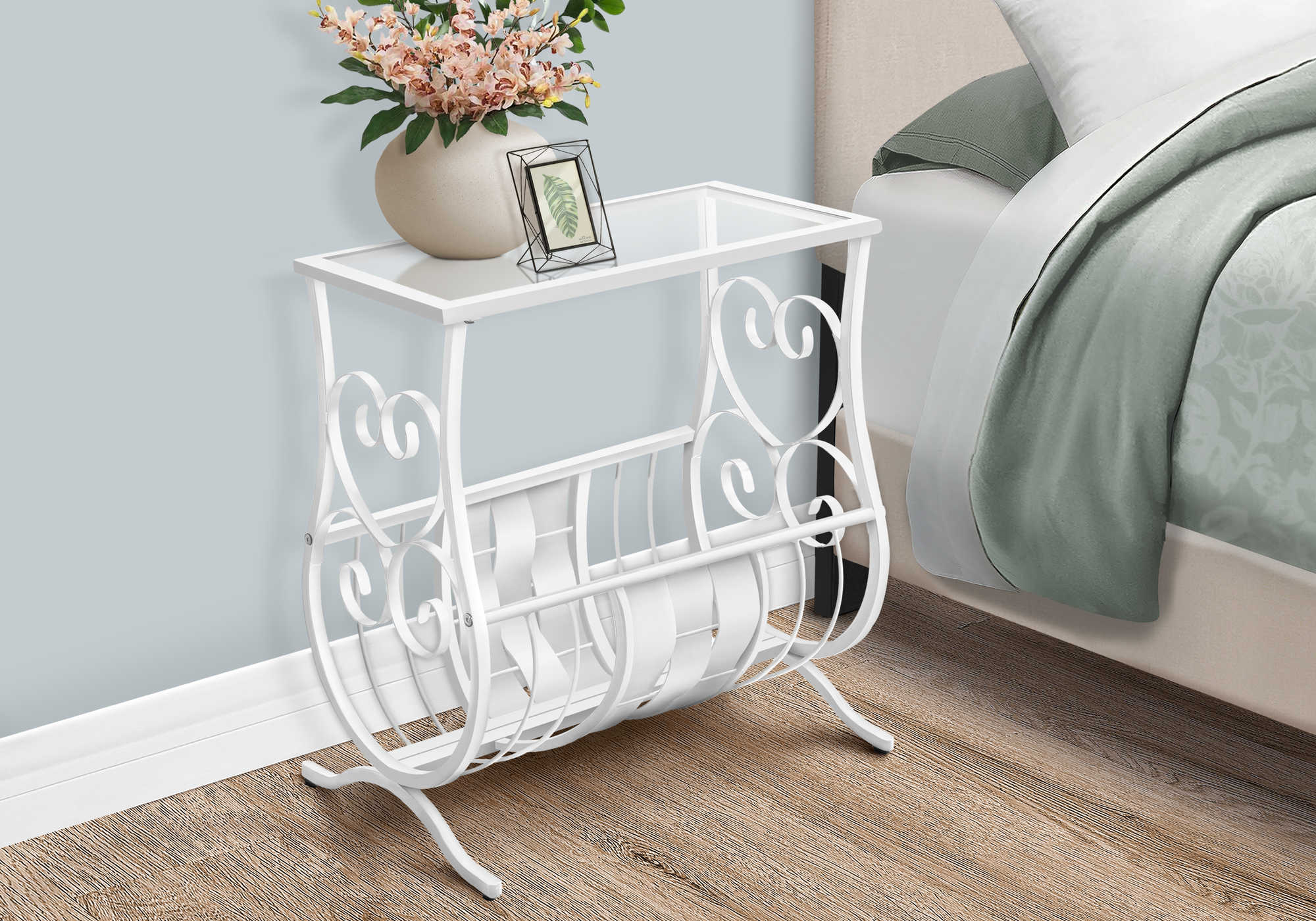 nightstand - antique white metal with tempered glass i3312