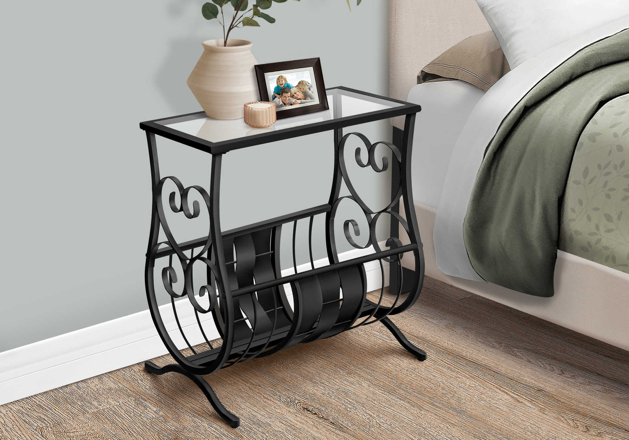 nightstand - satin black metal  with tempered glass i3314