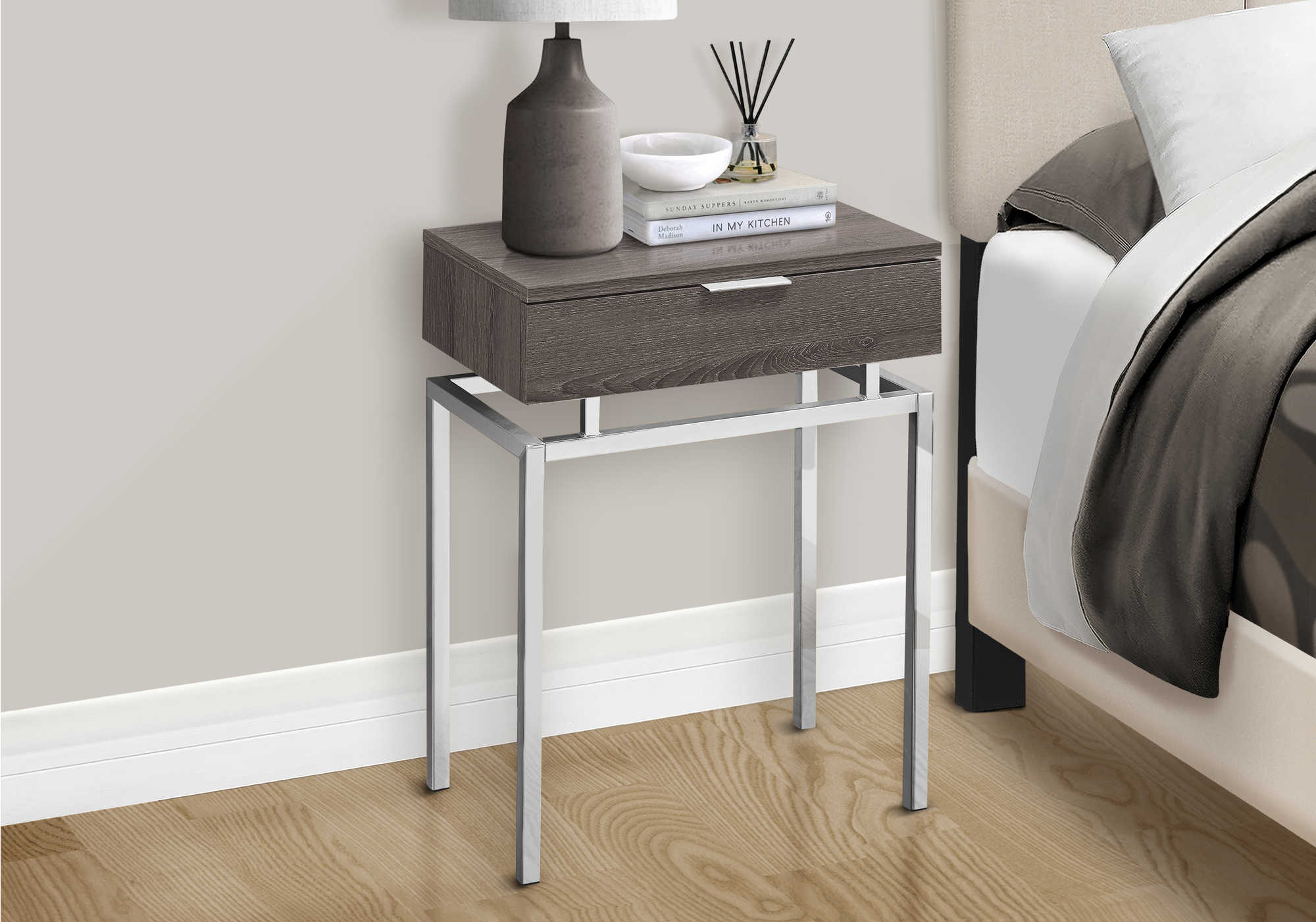 nightstand - 24"h / dark taupe / chrome metal i3465