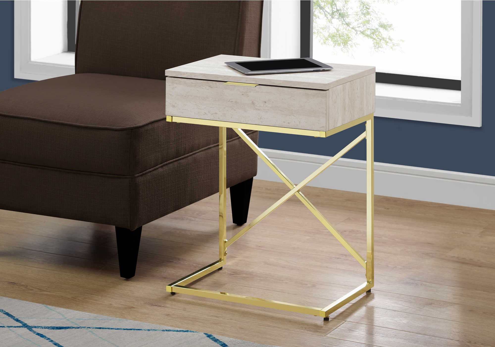 accent table - 24"h / beige marble / gold metal  i3473