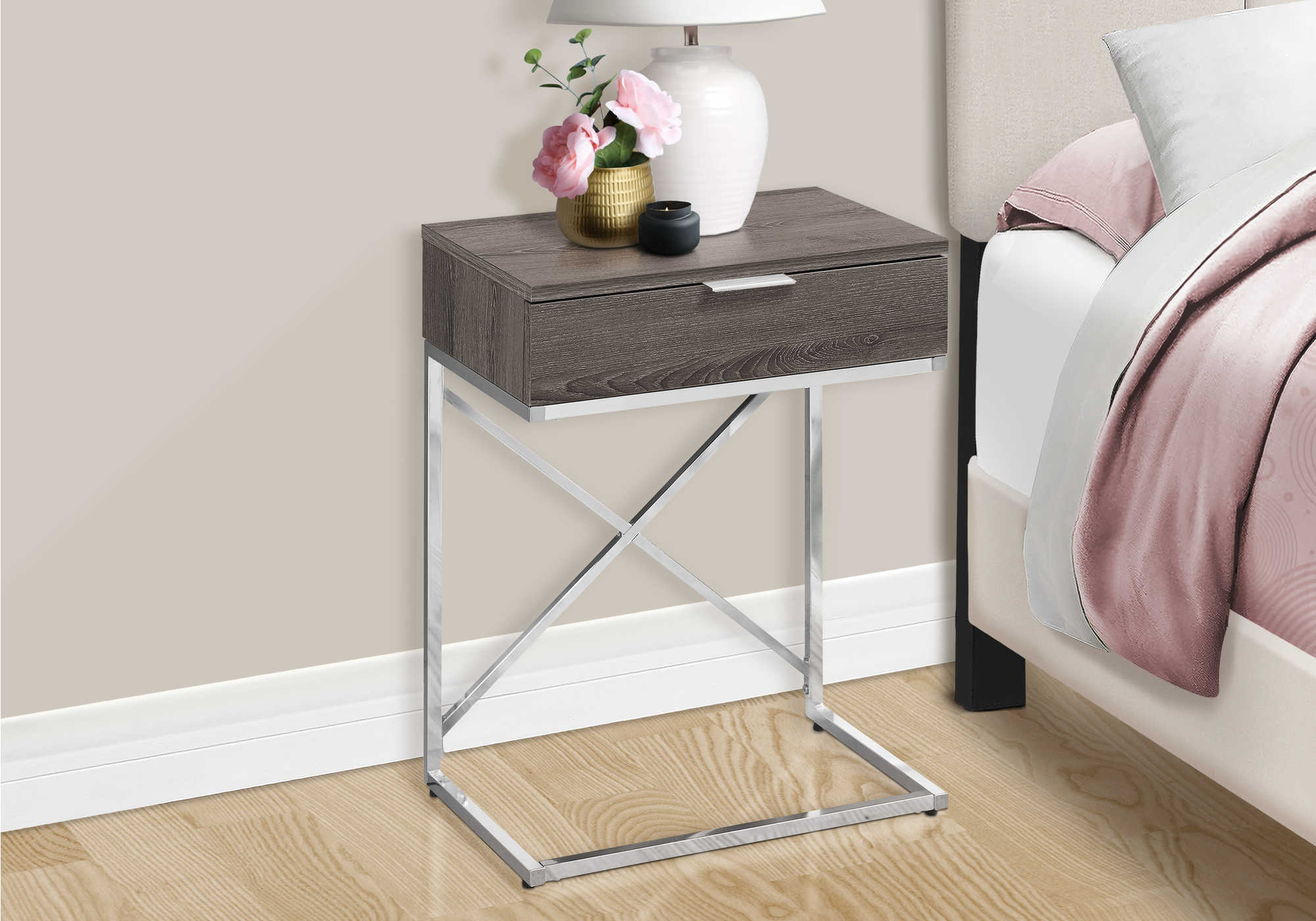 nightstand - 24"h / dark taupe / chrome metal  i3475