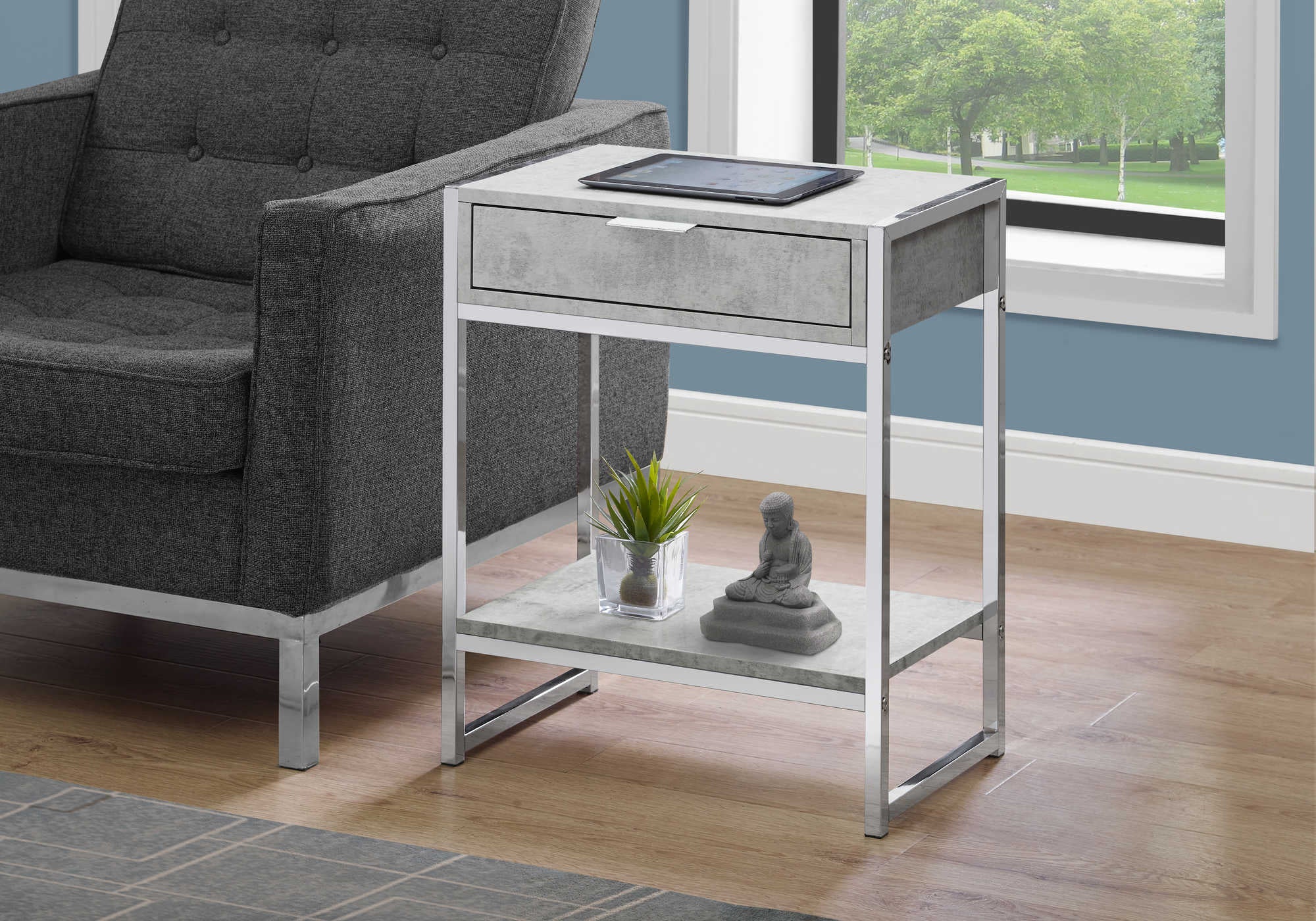 accent table - 24"h / grey cement / chrome metal  i3481