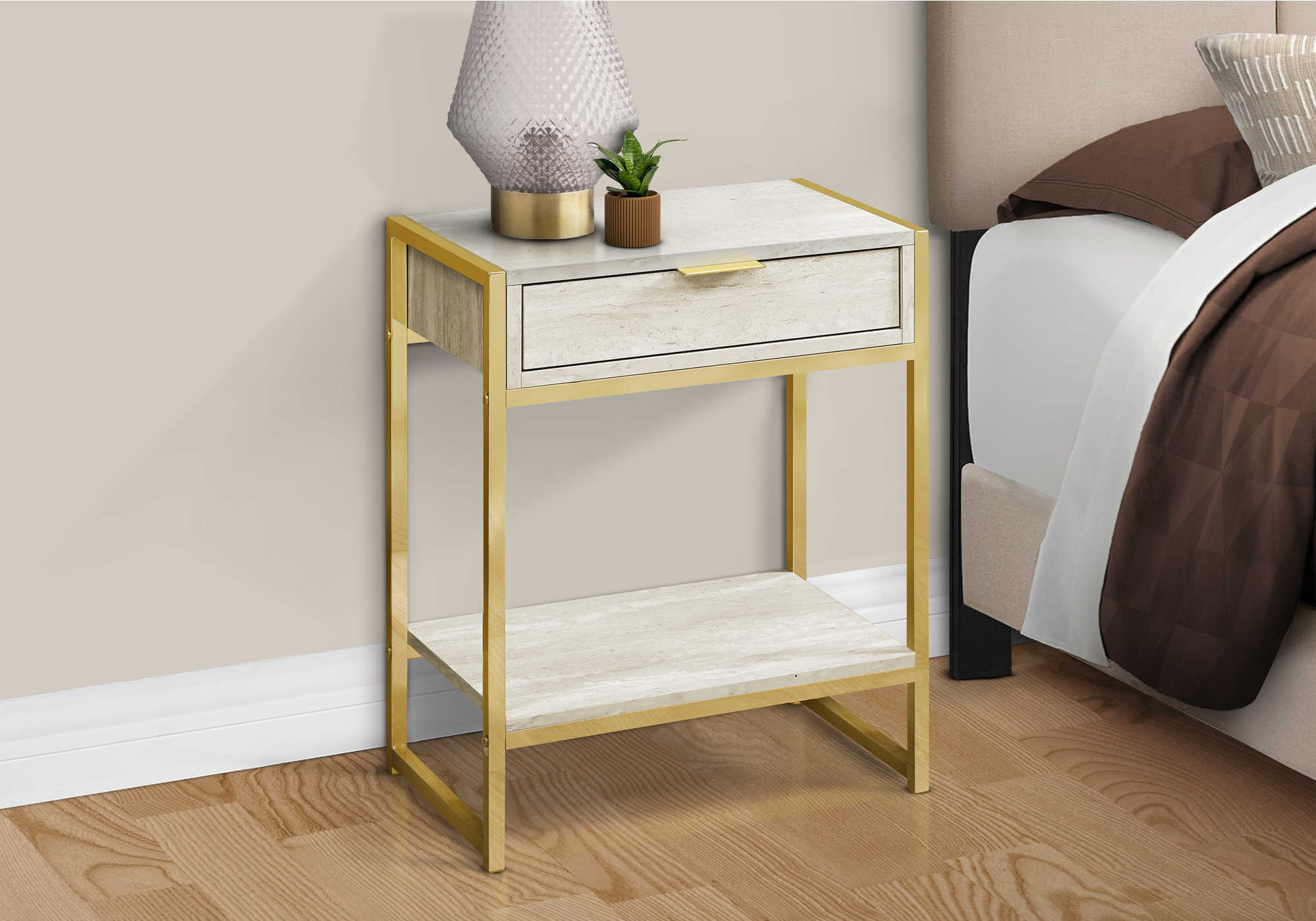 Image of nightstand - 24"h / beige marble / gold metal   i 3483.