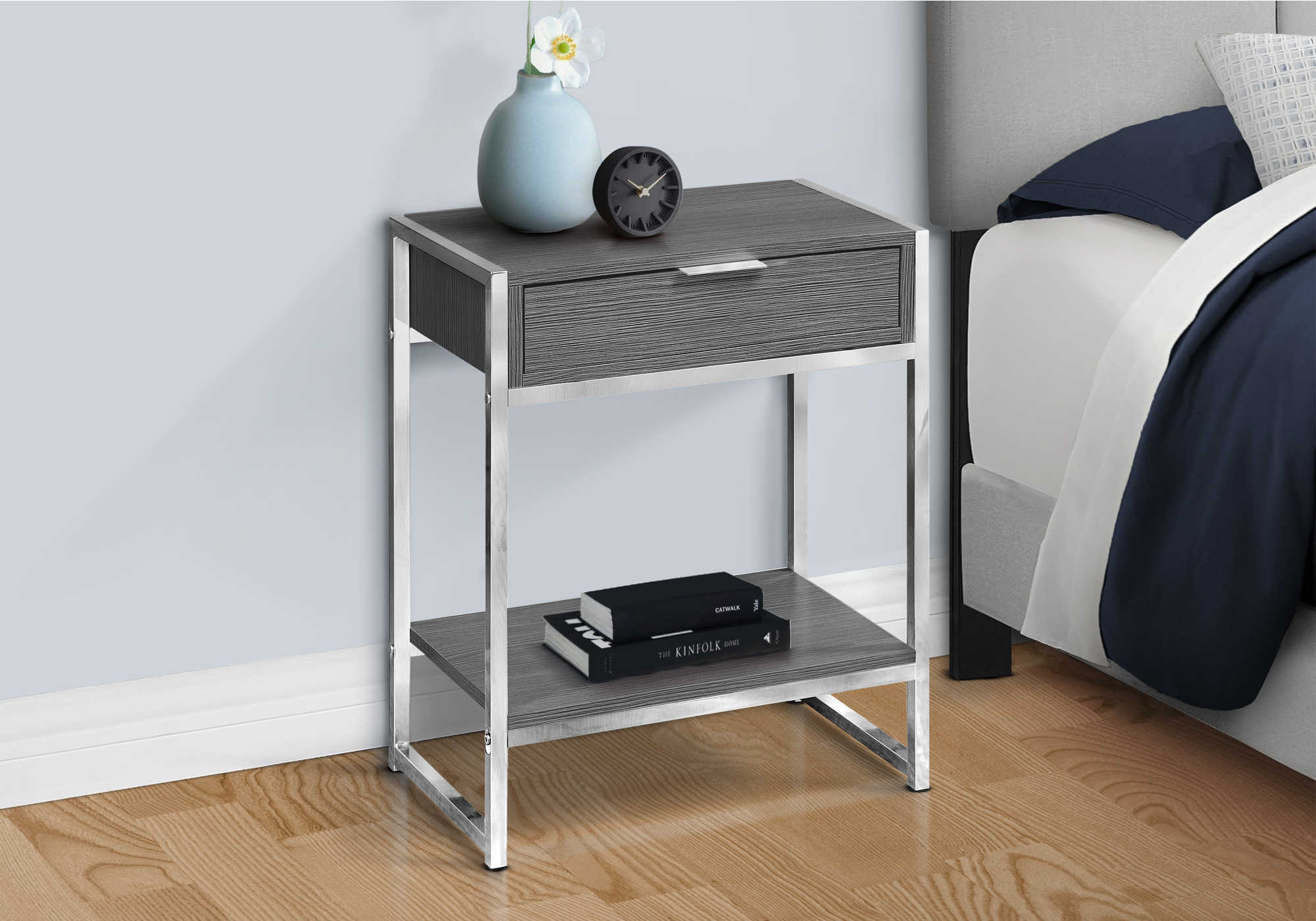 nightstand - 24"h / grey / chrome metal  i3484