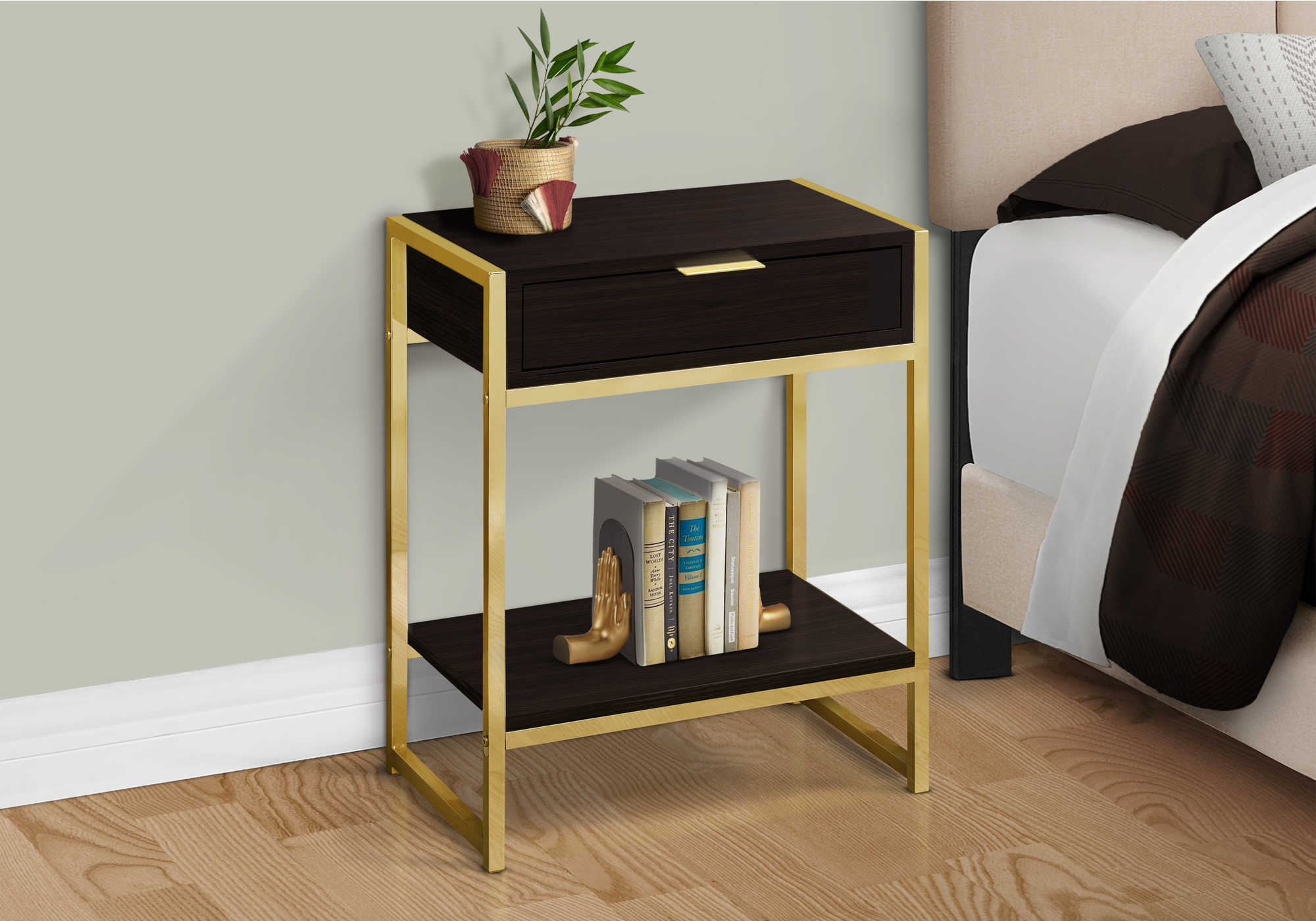 nightstand - 24"h / espresso / gold metal i3486