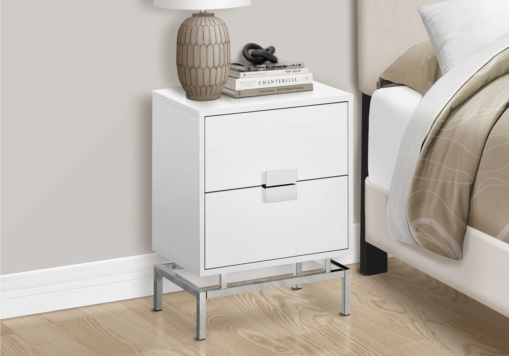 nightstand - 24"h / glossy white / chrome metal i3490