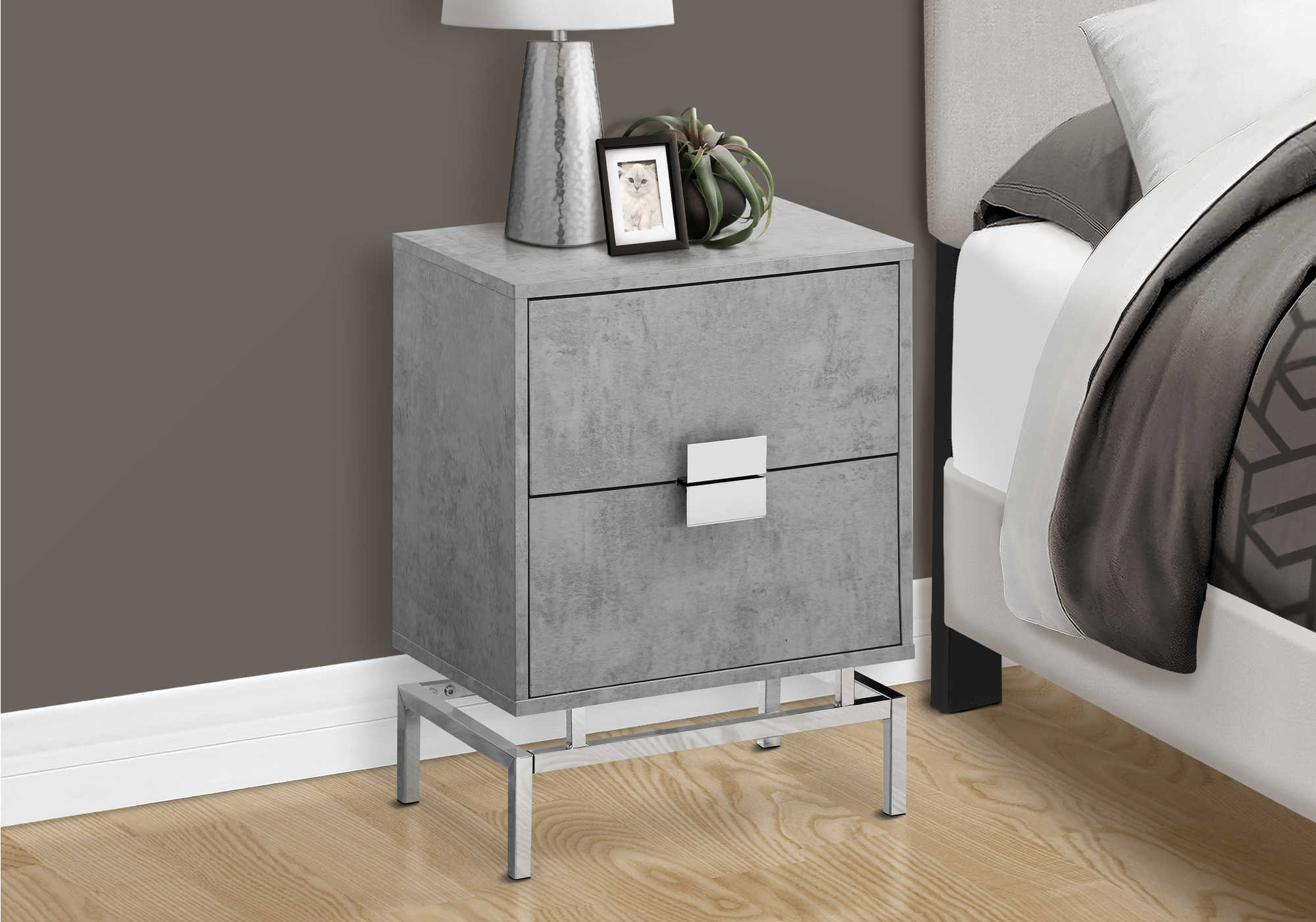 nightstand - 24"h / grey cement / chrome metal i3491