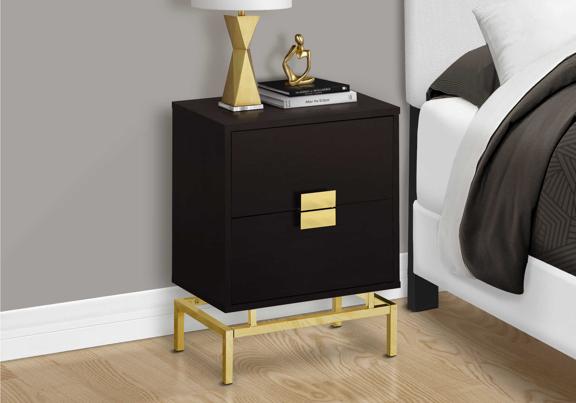 nightstand - 24"h / espresso / gold metal i3496