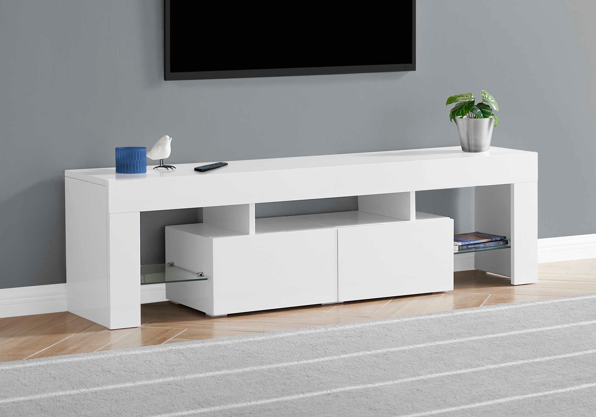 tv stand - 63"l / high glossy white with tempered glass i3548