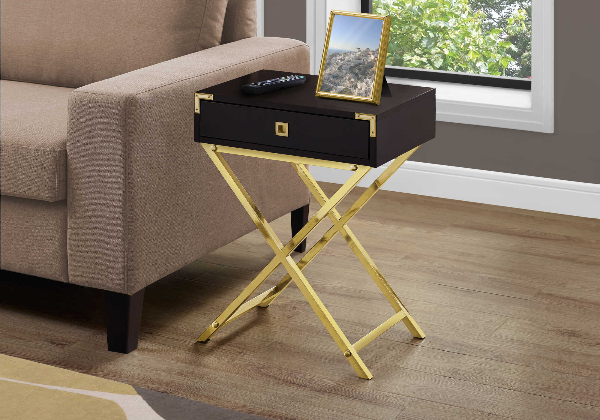 accent table - 24"h / espresso / gold metal i3556