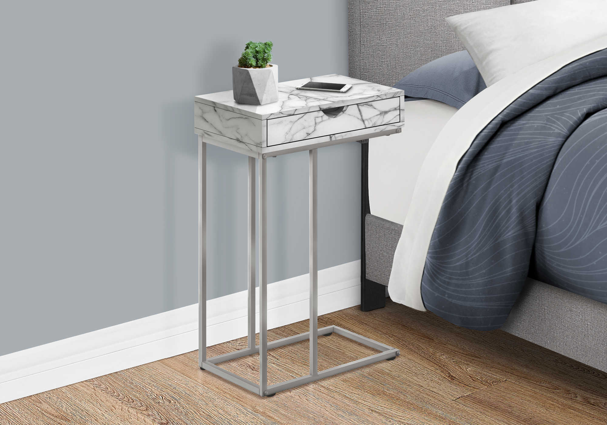 Image of nightstand - 25"h / white marble / silver metal  i 3772.