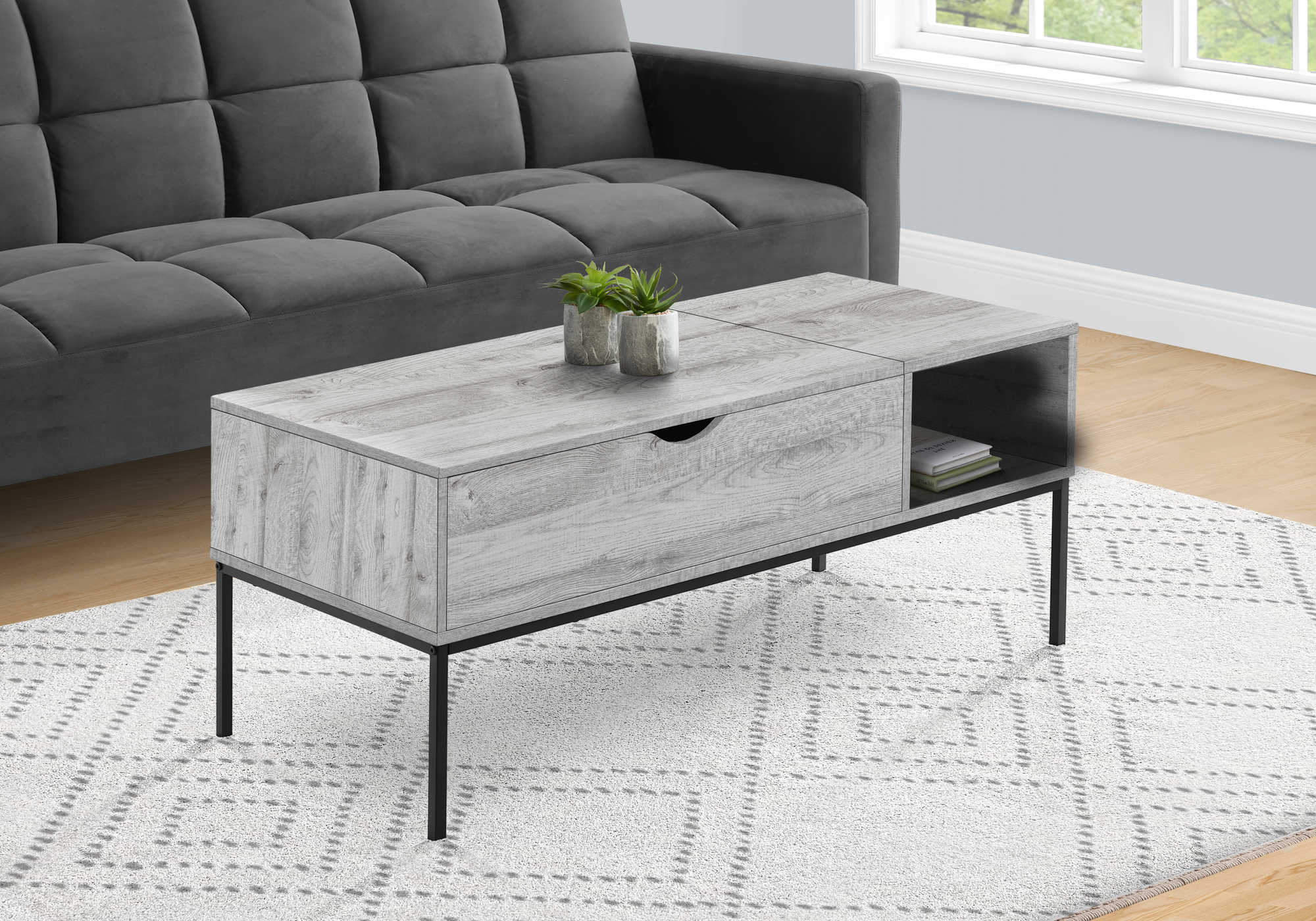 coffee table - 42"l / lift-top grey / black metal