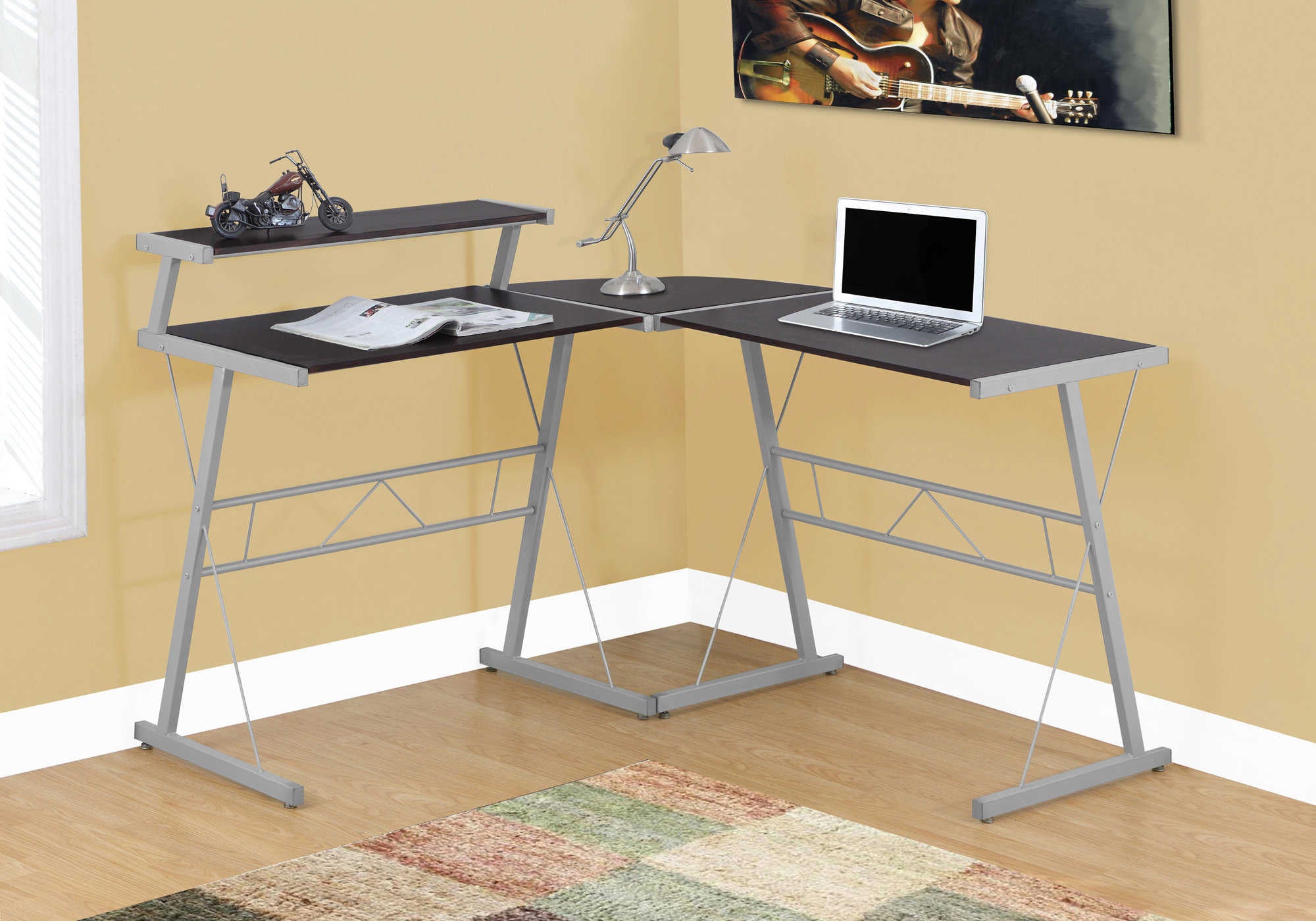 computer desk espresso top silver metal i 7171