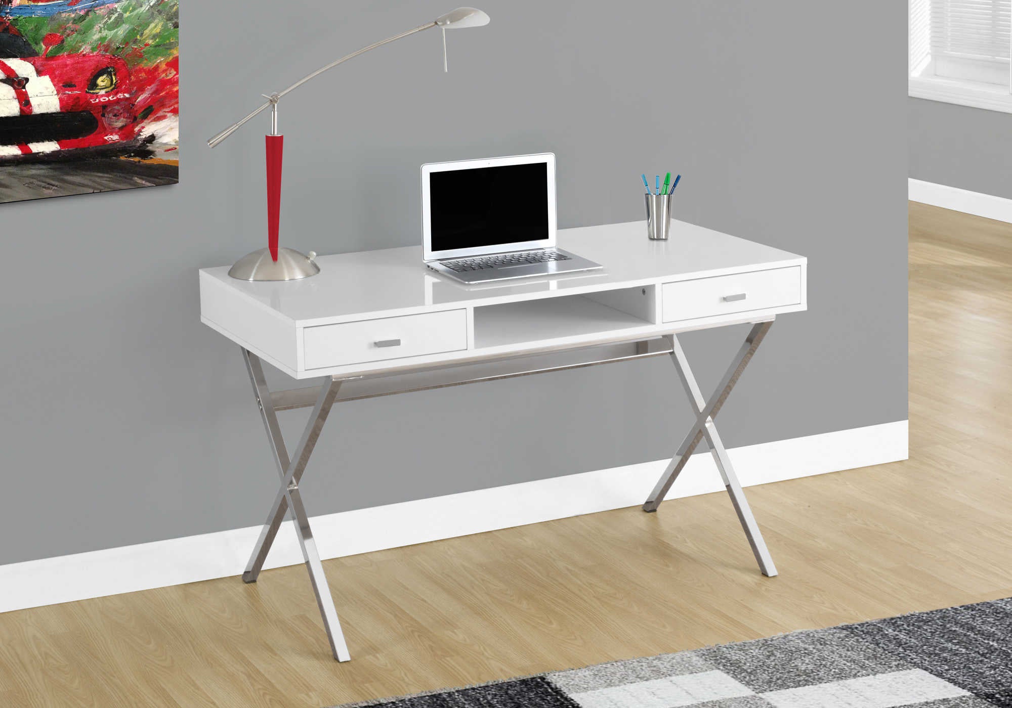 computer desk 48l glossy white chrome metal i 7211