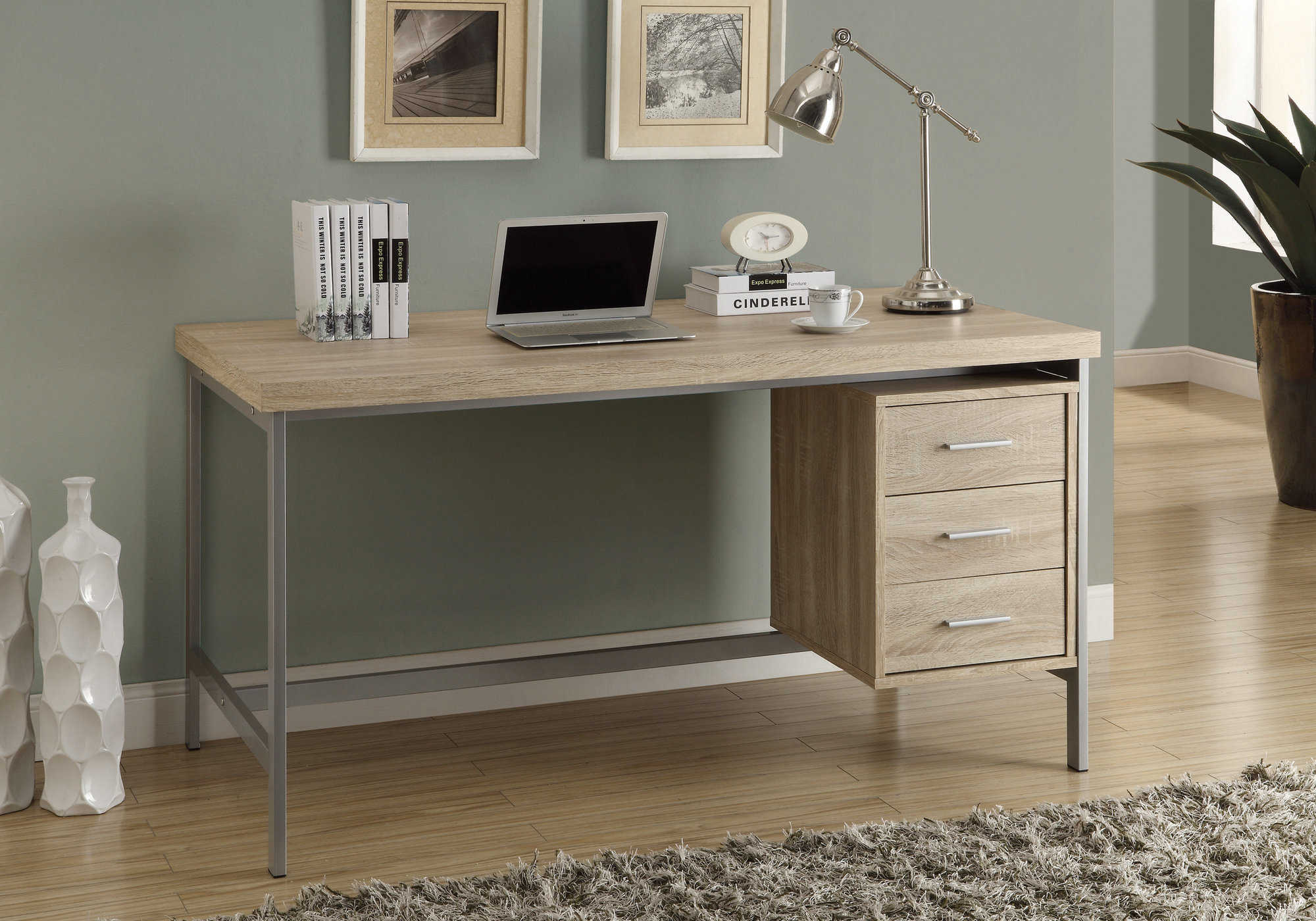 computer desk 60l natural with silver metal i 7245