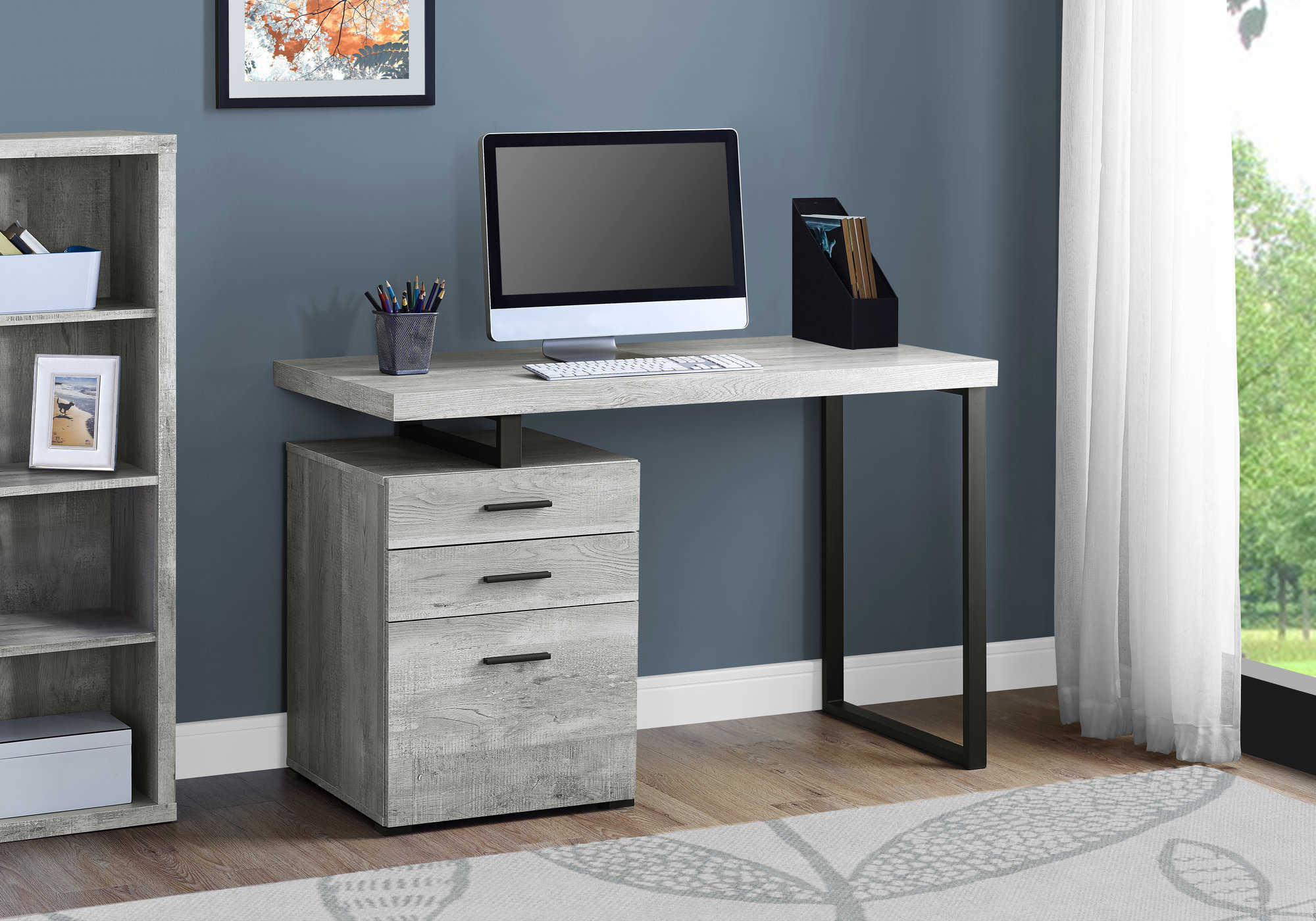 Image of computer desk - 48"l / grey reclaimed wood / black metal i 7409.