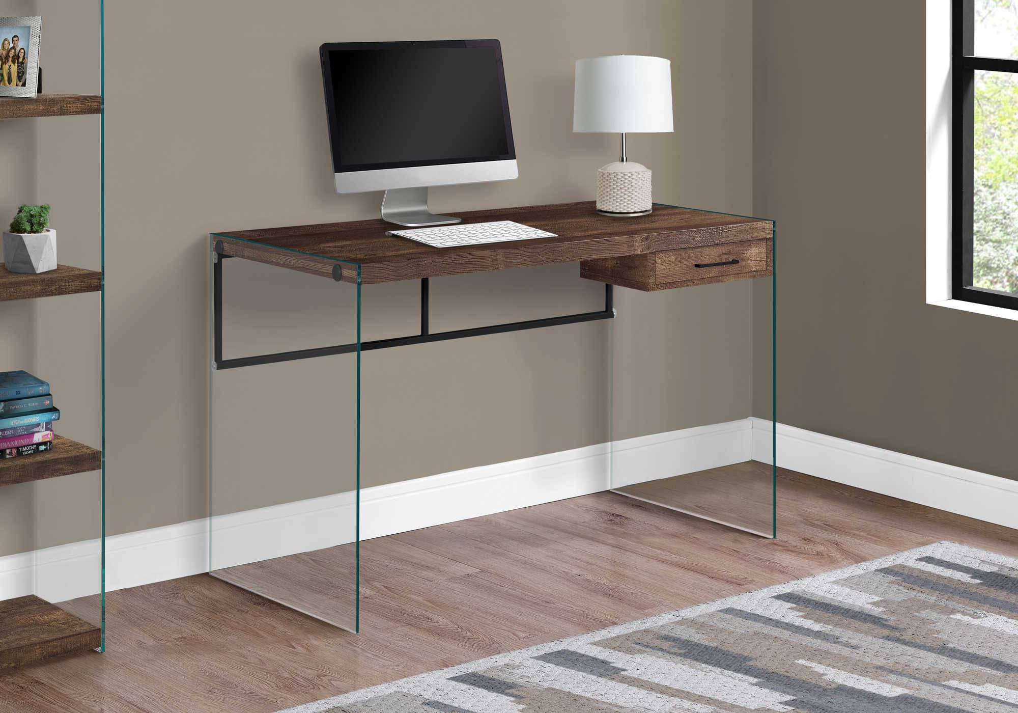 computer desk 48l brown reclaimed wood glass panels i 7444