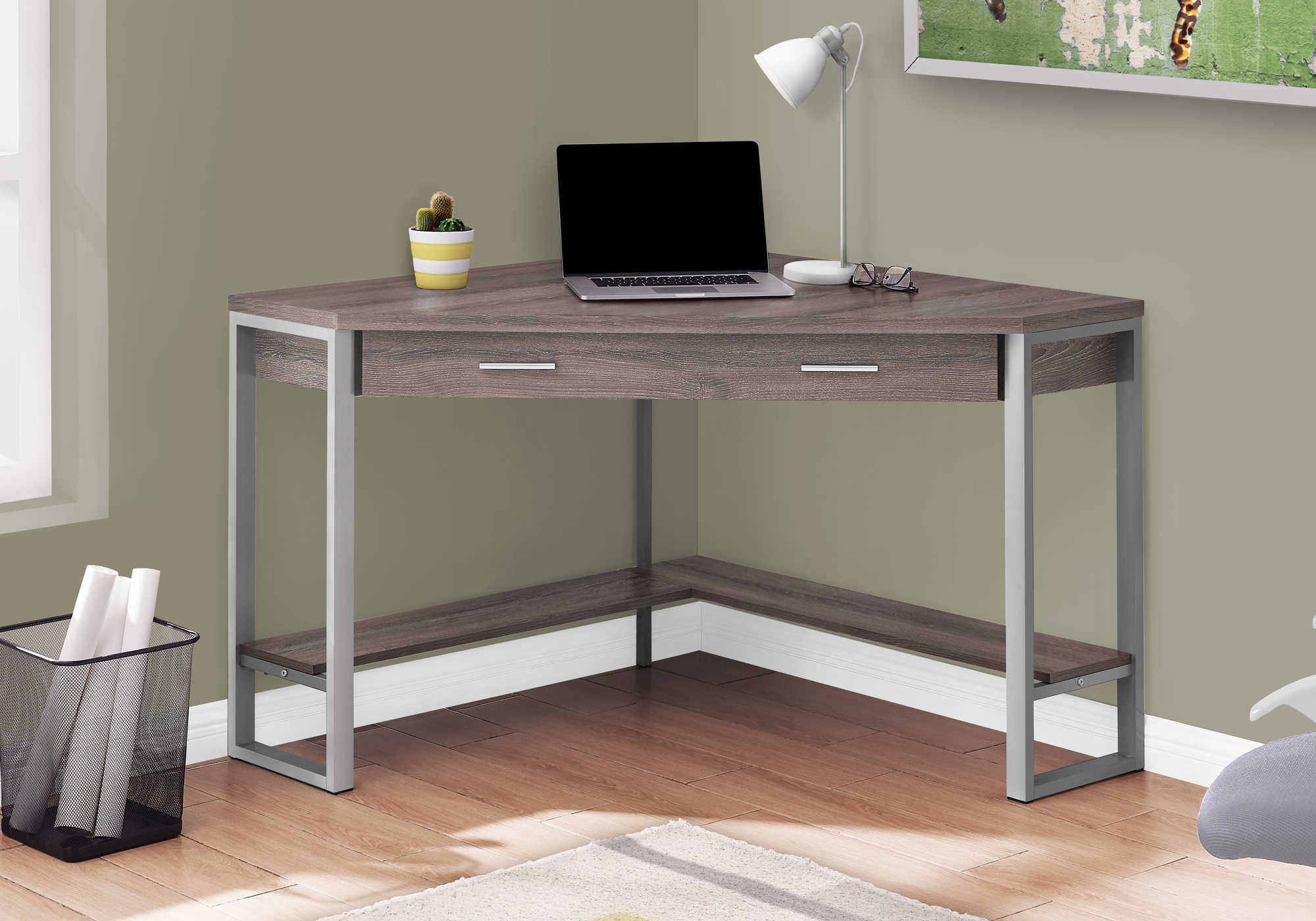 Image of computer desk - 42"l / dark taupe corner / silver metal i 7501.