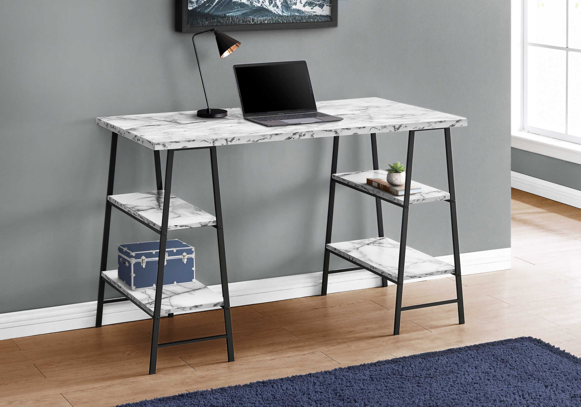 computer desk 48l white marble look black metal i 7527