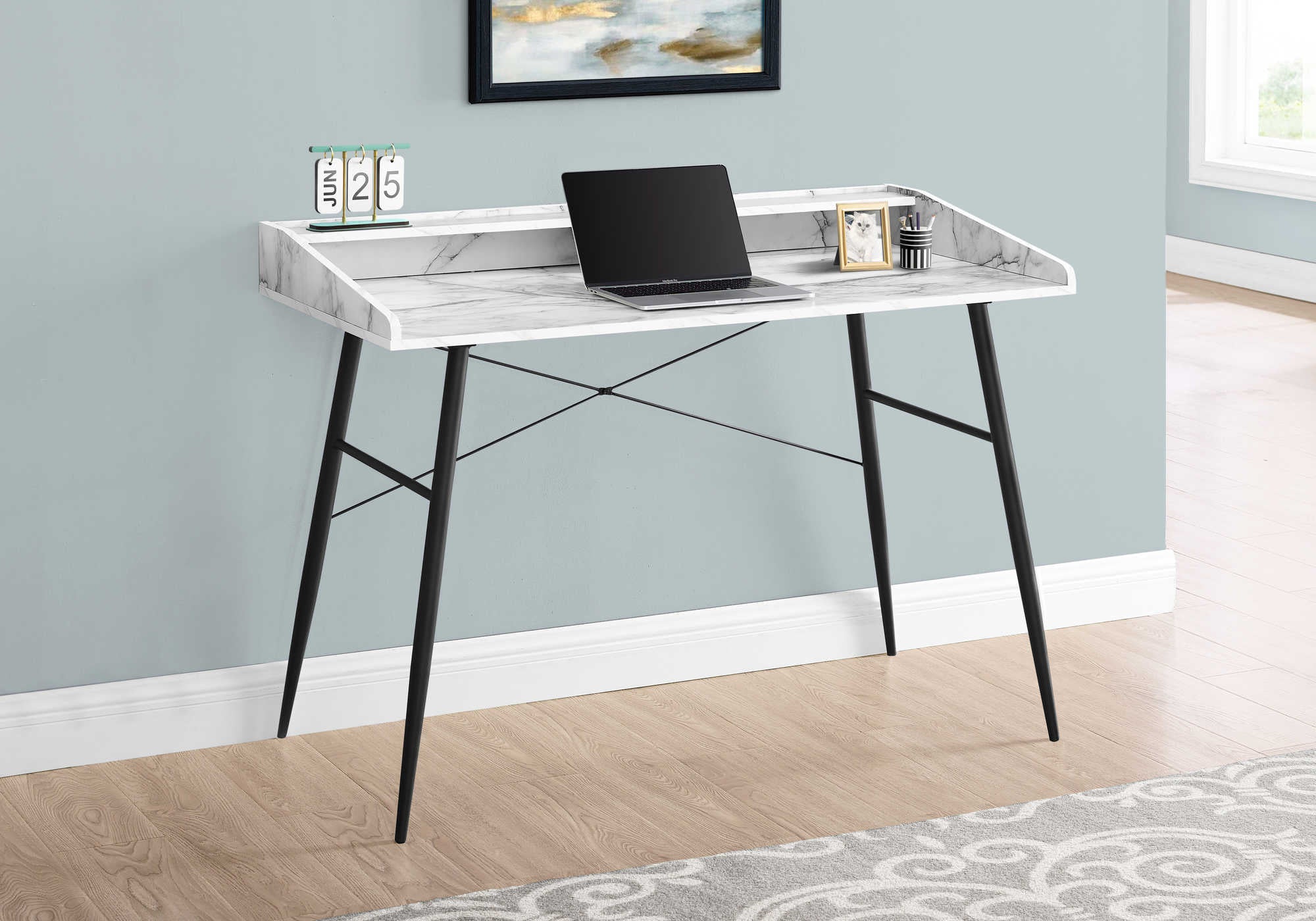 computer desk 48l white marble look black metal i 7539