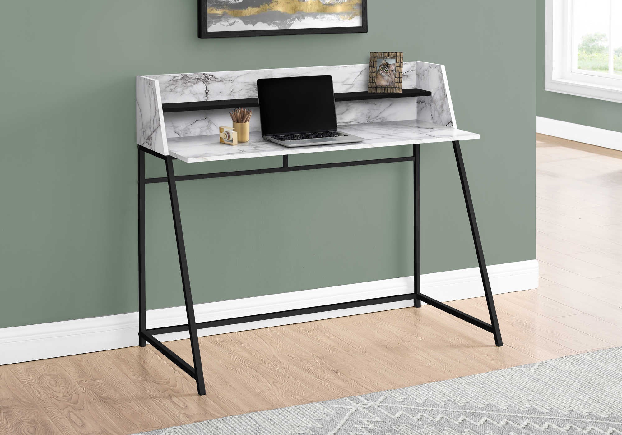 computer desk 48l white marble look black metal i 7549