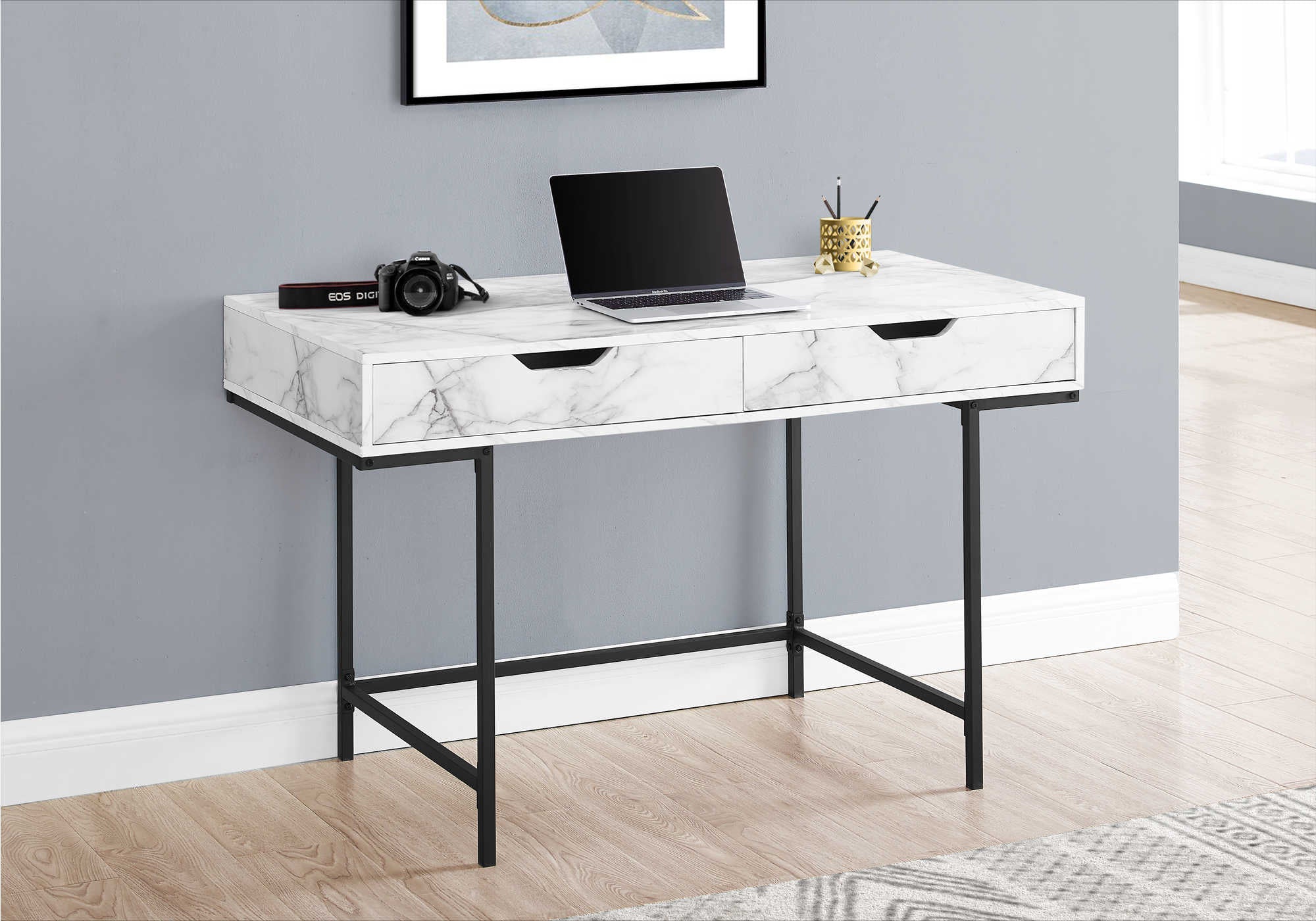 computer desk 48l white marble look black metal i 7558