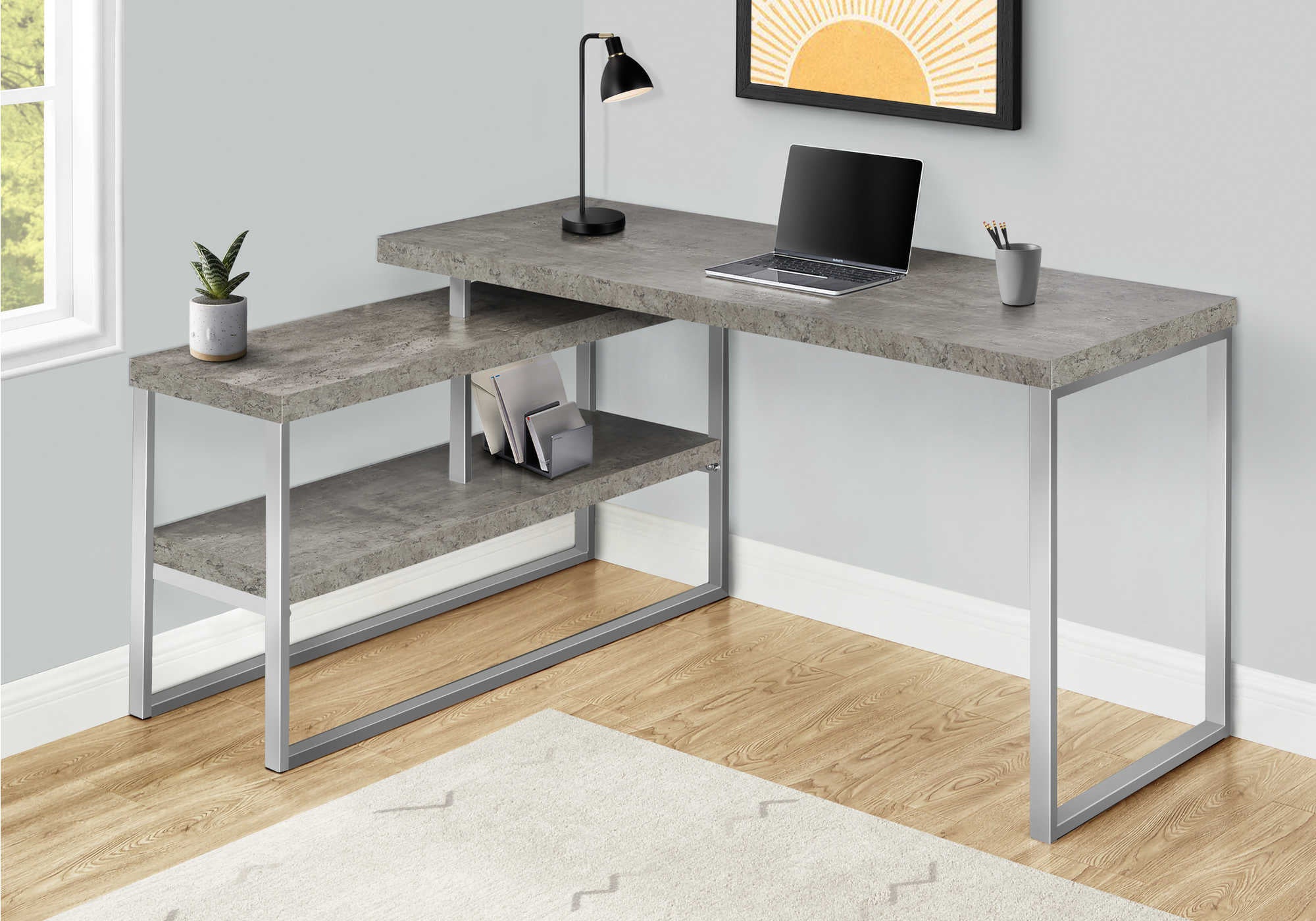 Image of computer desk - 60"l / concrete / silver metal l/r corner i 7586.