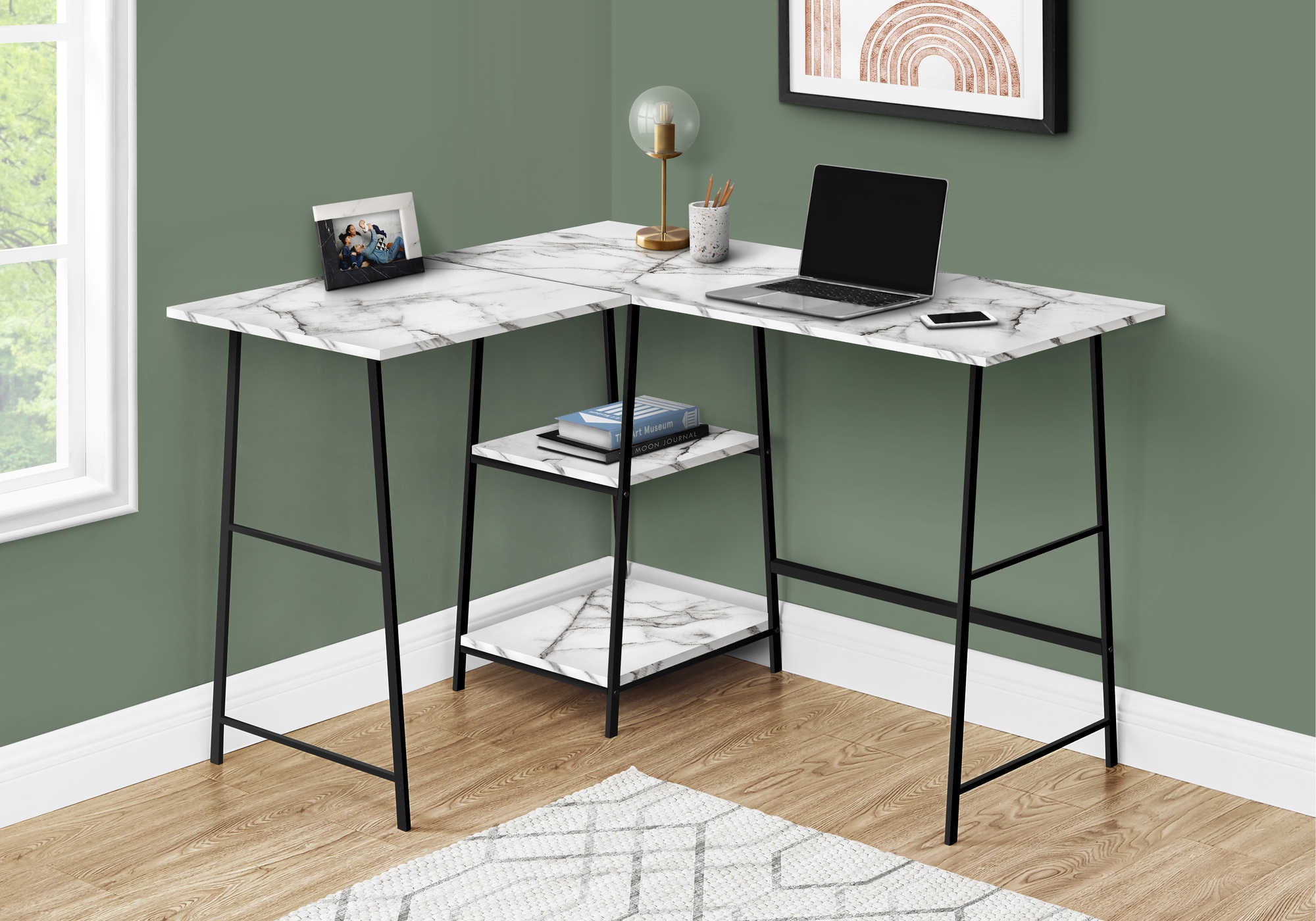 computer desk 48l white marble black metal corner i 7595