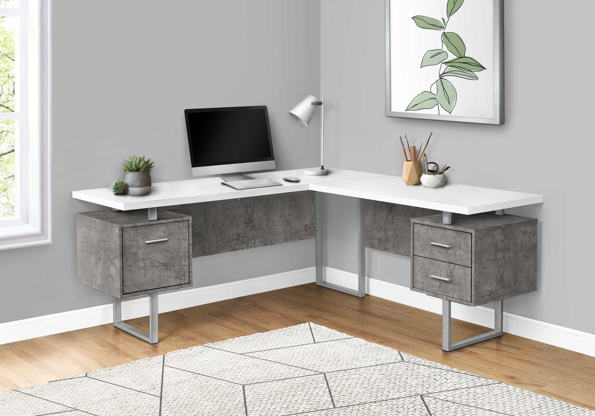 computer desk 70l white concrete silver metal l r i 7618