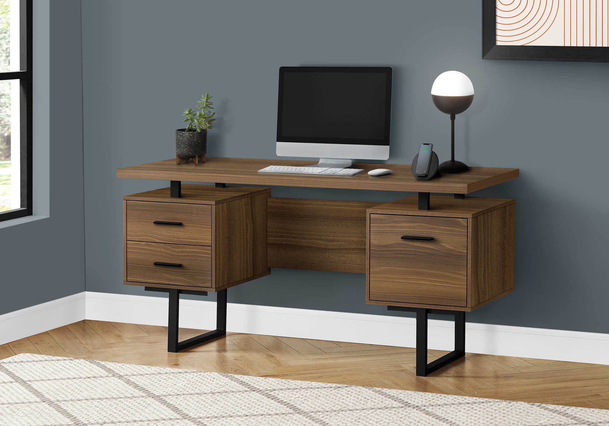 computer desk 60l walnut black metal i 7625