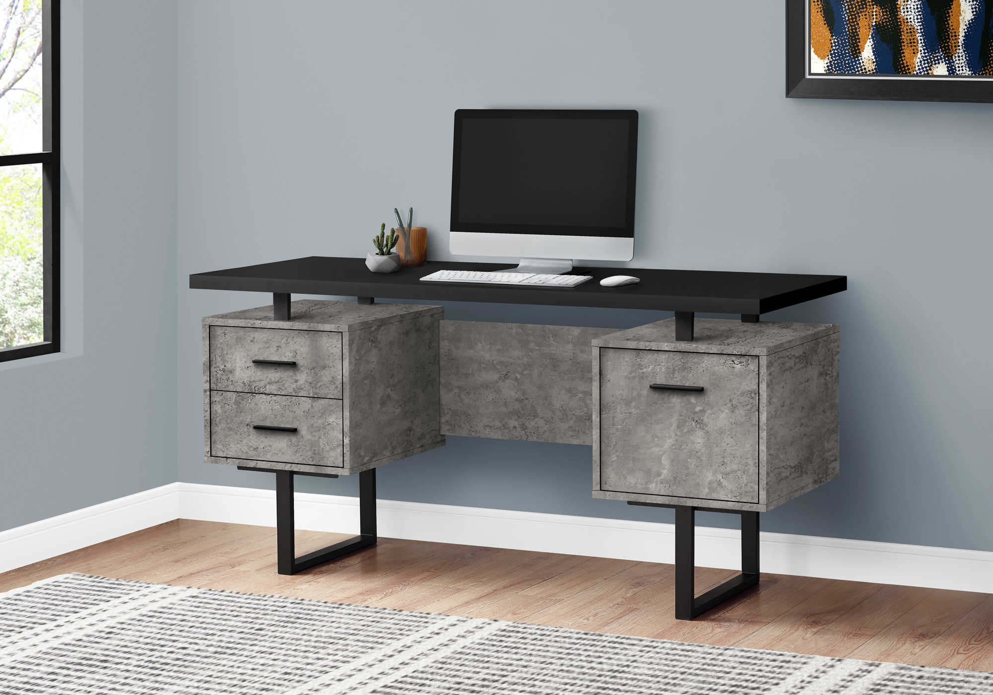 Image of computer desk - 60"l/black/grey concrete/ black metal i 7632.